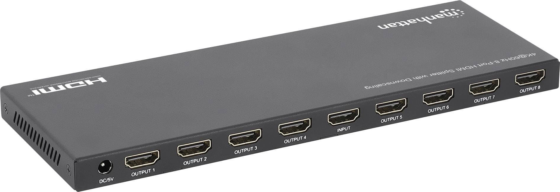 Black HDMI switch box with one DC 5V power input and eight labeled HDMI ports, including 'INPUT' and 'OUTPUT 1' to 'OUTPUT 8'.