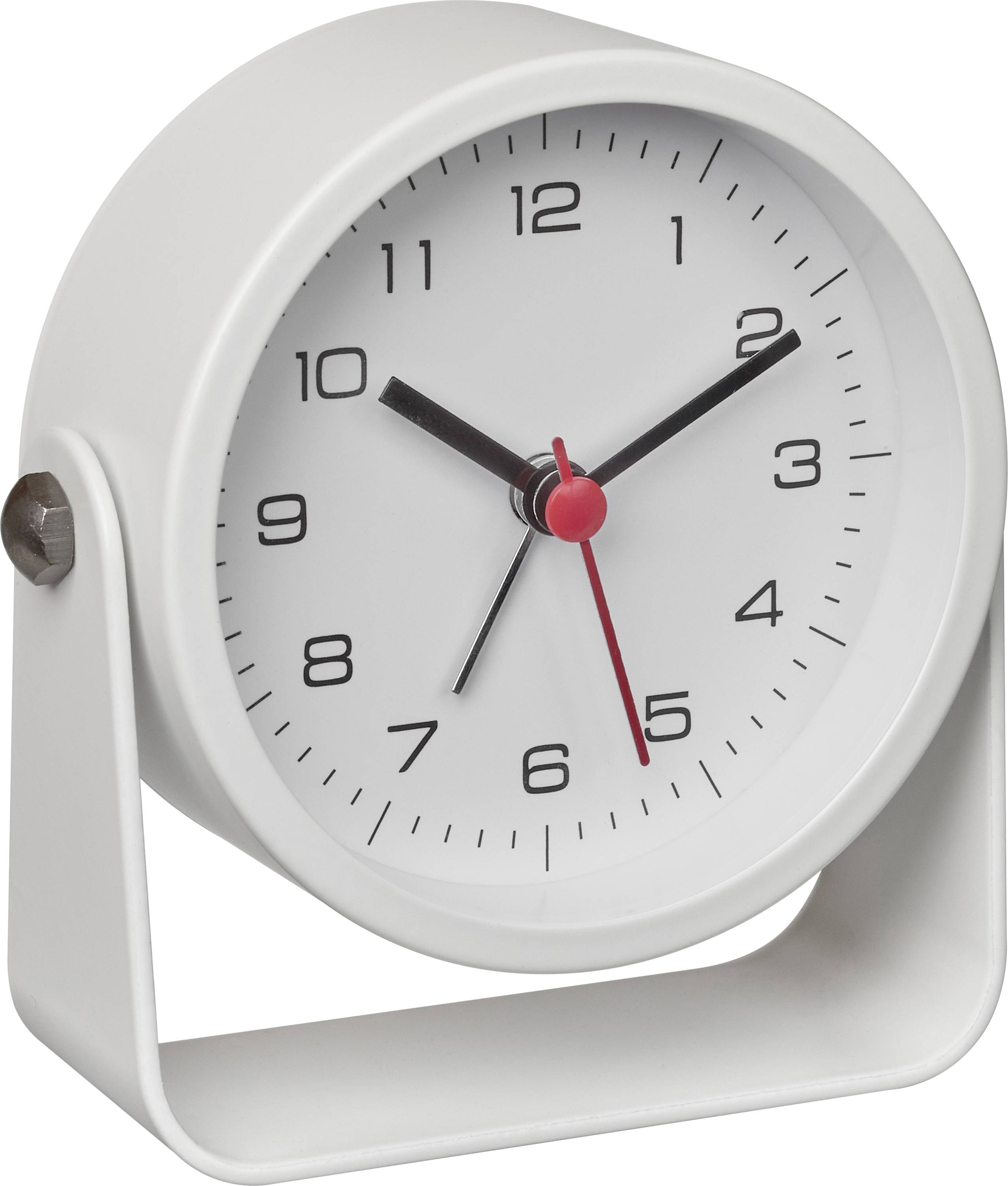 White analog alarm clock showing about 10:10, with black hour and minute hands and a red second hand in a minimalist stand.