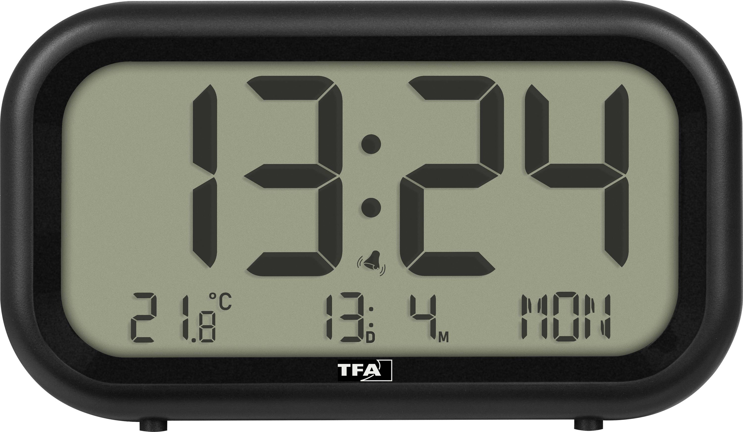 Digital alarm clock display showing 13:24, 21.8°C, and Monday, with TFA branding.