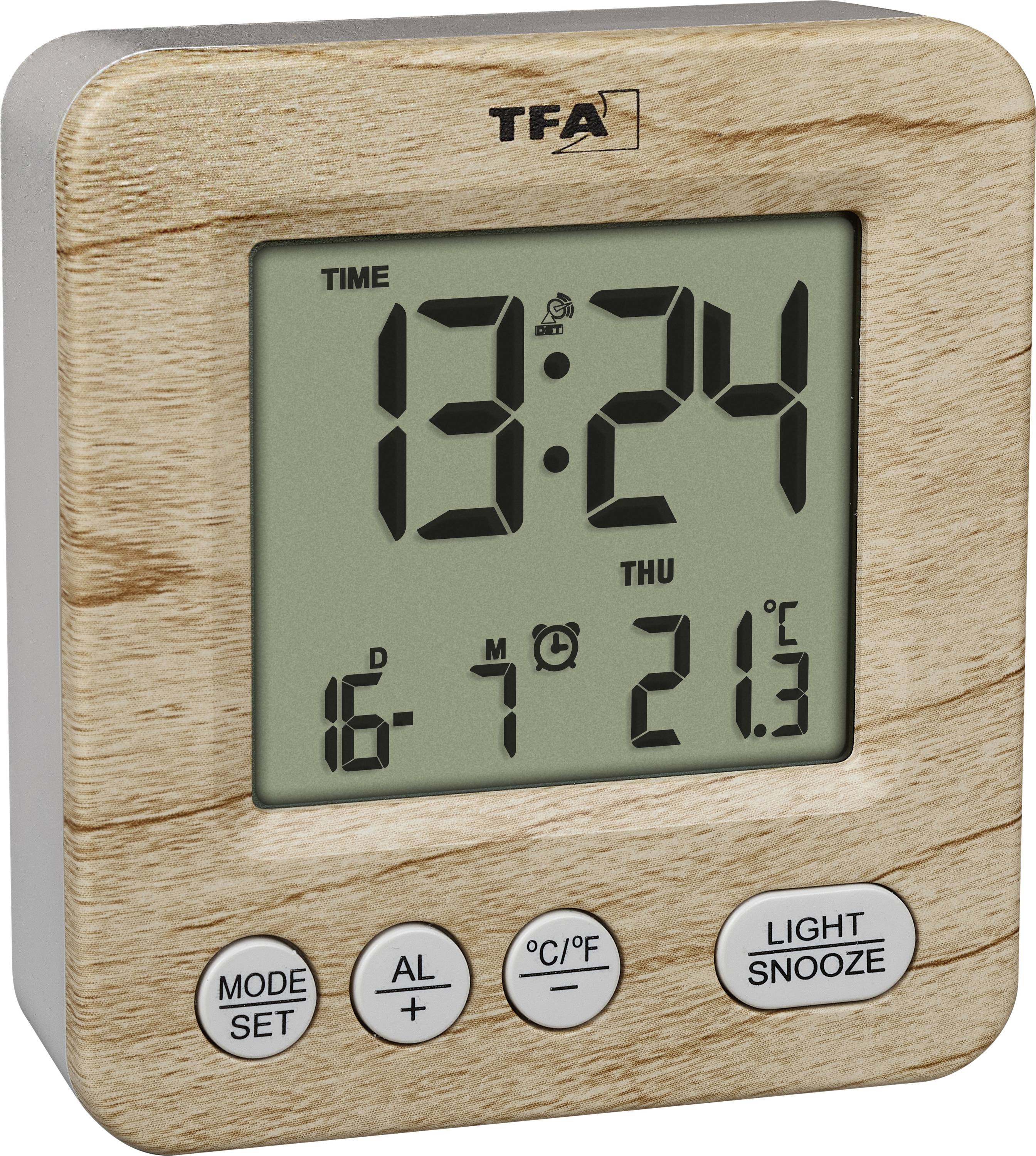 Woodgrain digital alarm clock displaying 13:24, Thursday, date 16-7, and 21.3°C, with Mode/Set, alarm, °C/°F, and Light/Snooze buttons.