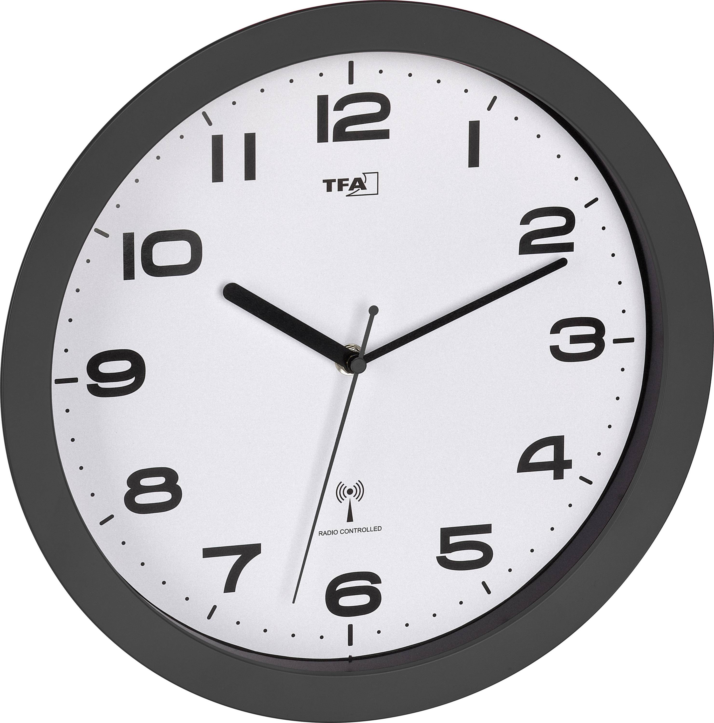 Analog wall clock with black frame and white face showing about 10:10; small 'TFA' logo and 'radio controlled' text.