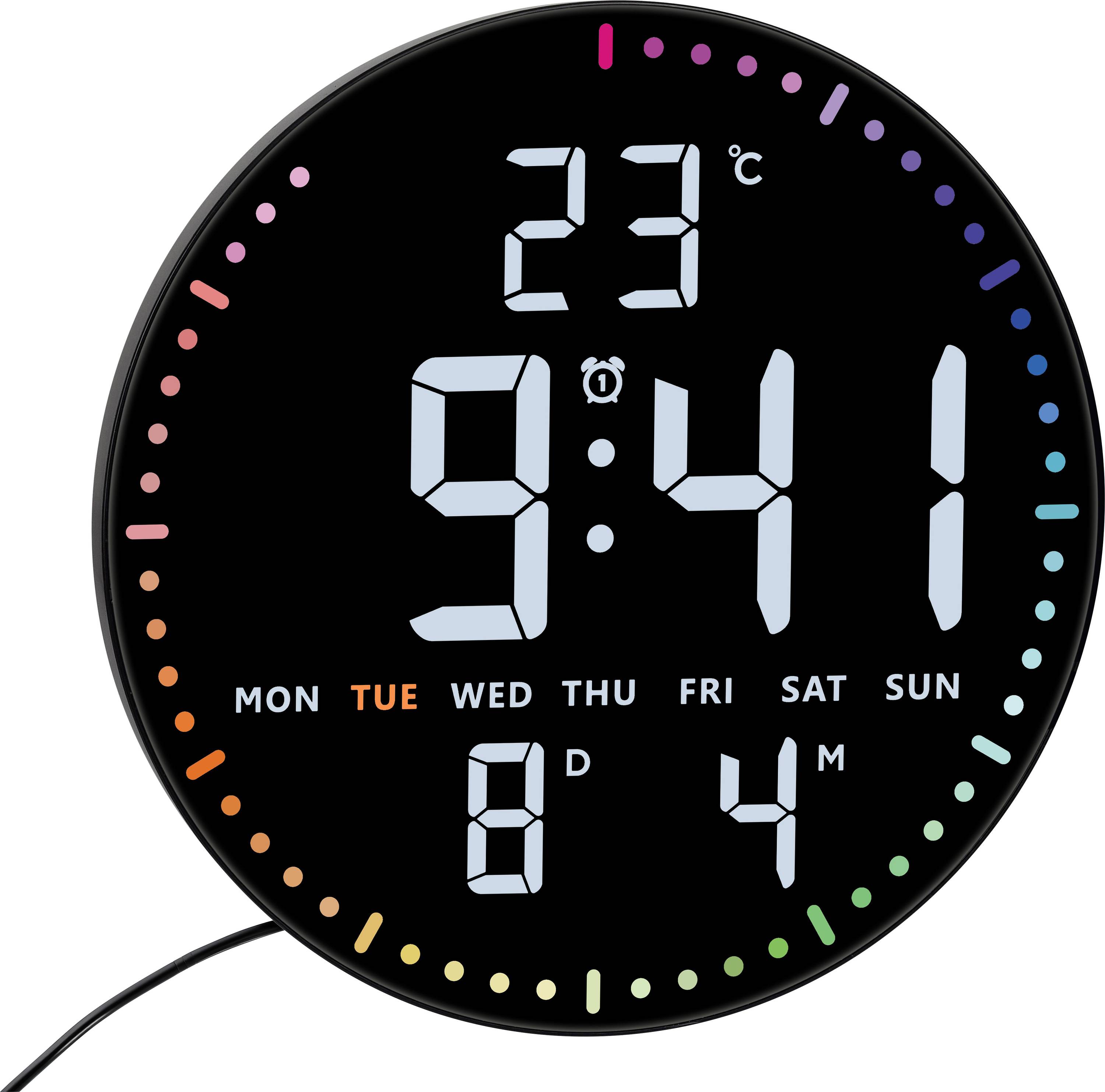Round digital clock display showing 9:41, 23°C, Tuesday, with alarm and date indicators.