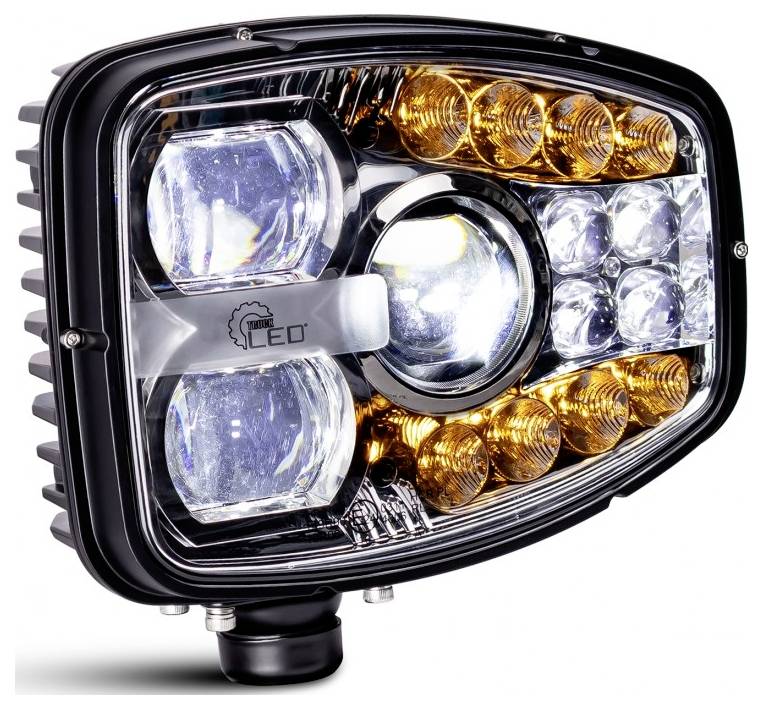 Close-up of a black rectangular LED vehicle headlight with clear lenses and amber marker lights on a white background.