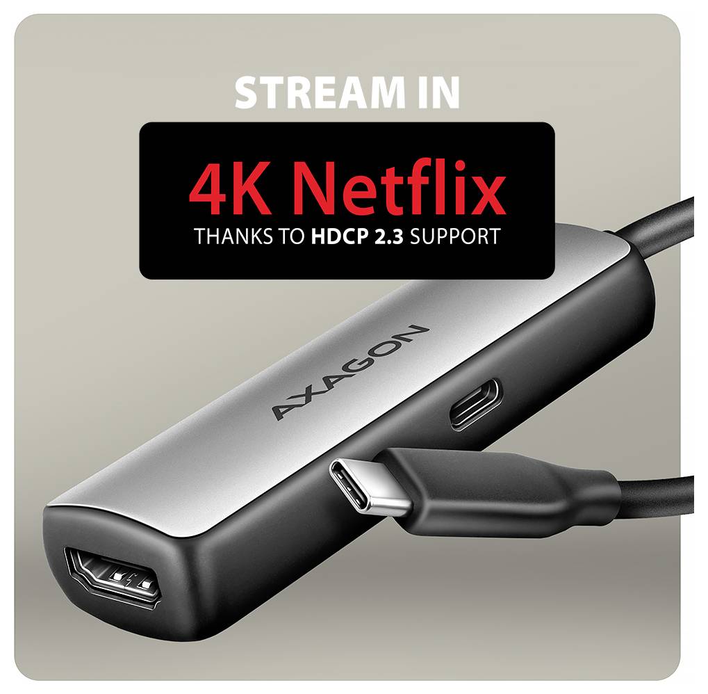 Promotional image of an Axagon USB-C adapter labeled 'STREAM IN 4K Netflix' and 'THANKS TO HDCP 2.3 SUPPORT', showing HDMI, USB-C, and cable connections.