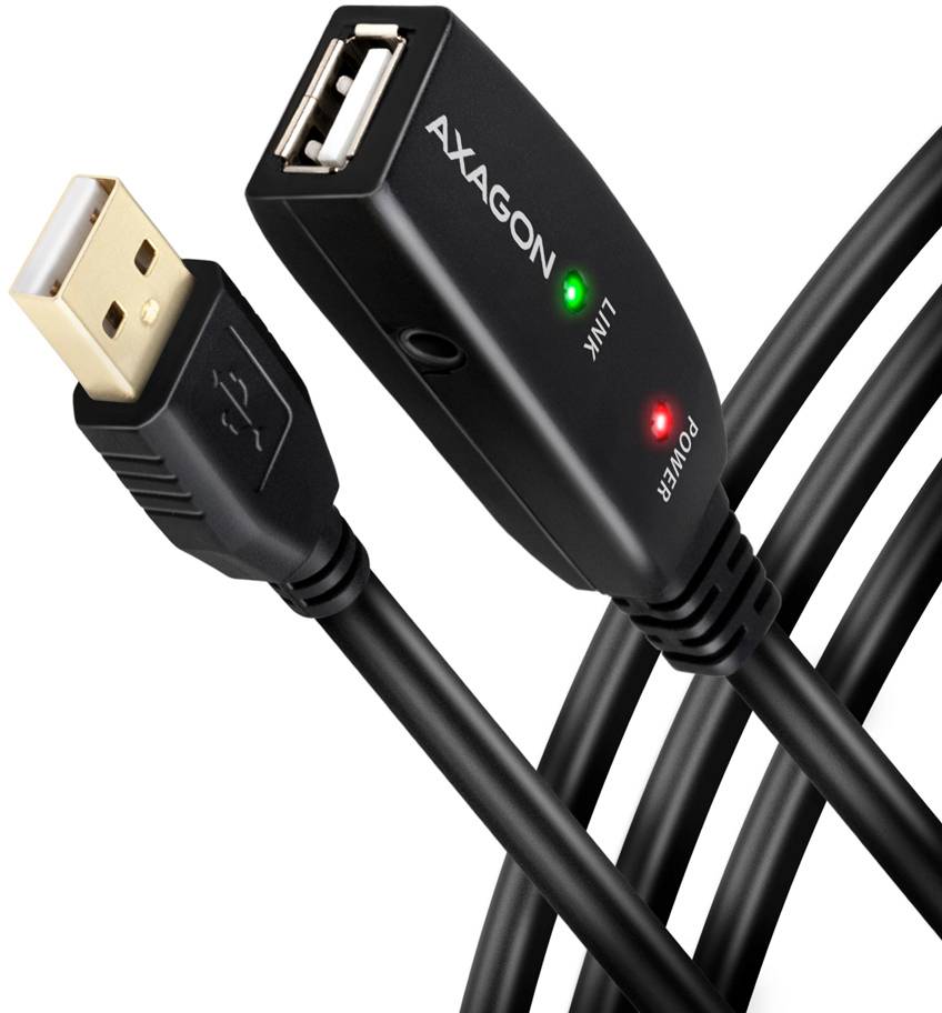 USB extension cable with AXAGON inline hub showing green 'LINK' and red 'POWER' indicator lights.
