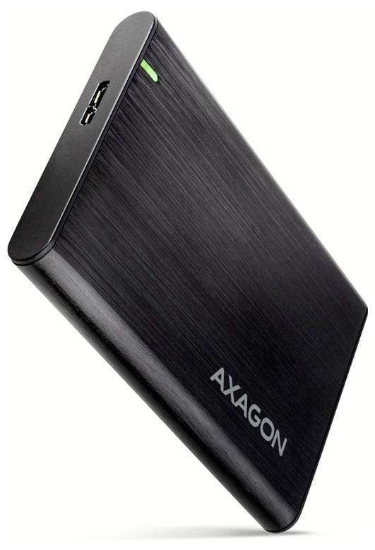 Black AXAGON external portable hard drive with USB port and small green status light on a white background