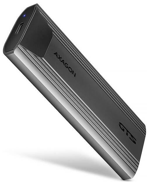 A slim black rectangular AXAGON SSD enclosure shown at an angle, with a blue status light and USB-C port visible.