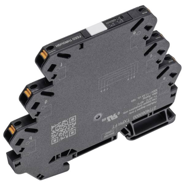 Black DIN-rail mounted electronic interface module with multiple terminal slots and orange latches, shown isolated on a white background.