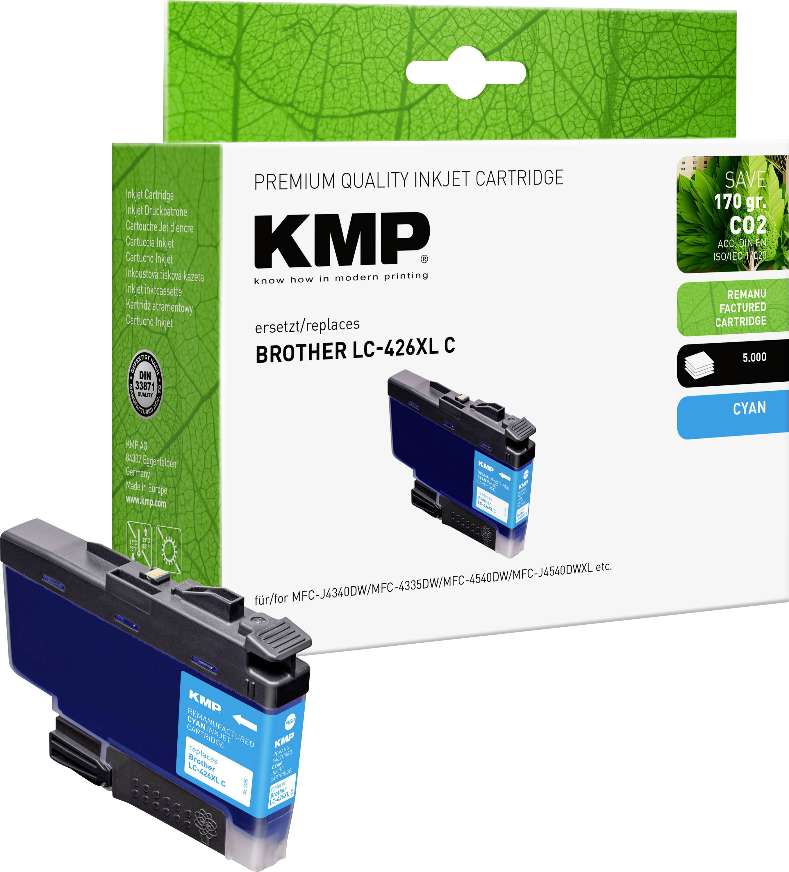 Product box and cartridge for KMP premium quality inkjet cartridge, replacement for Brother LC-426XL C, cyan.