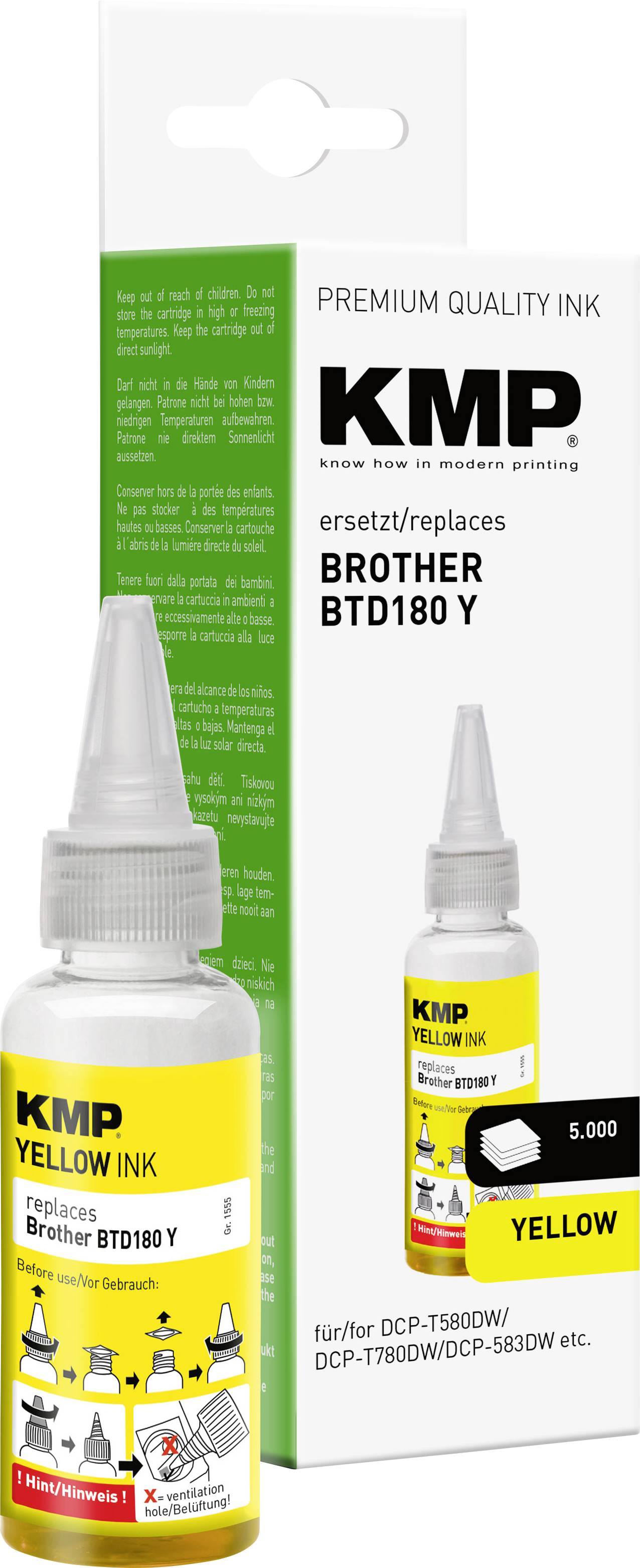 KMP yellow ink bottle and box for Brother BTD180 Y printers, labeled 'Premium Quality Ink' and 'Yellow'.