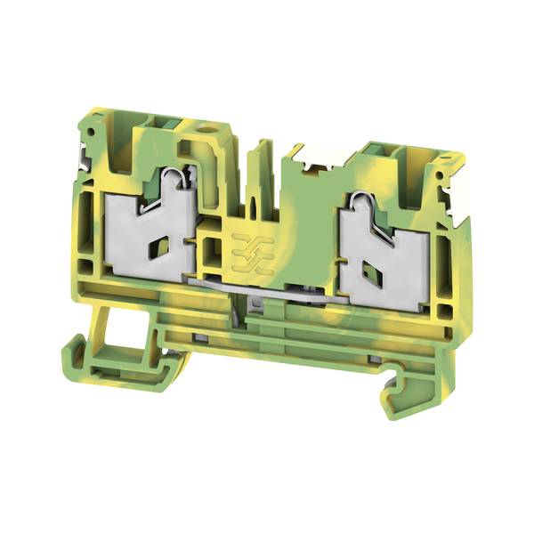 Cross-section of a green-and-yellow electrical terminal block with two metal spring contacts inside, shown on a white background.