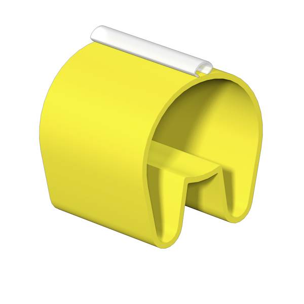 Yellow plastic wire connector cap with a white hinged top, shown isolated on a white background.