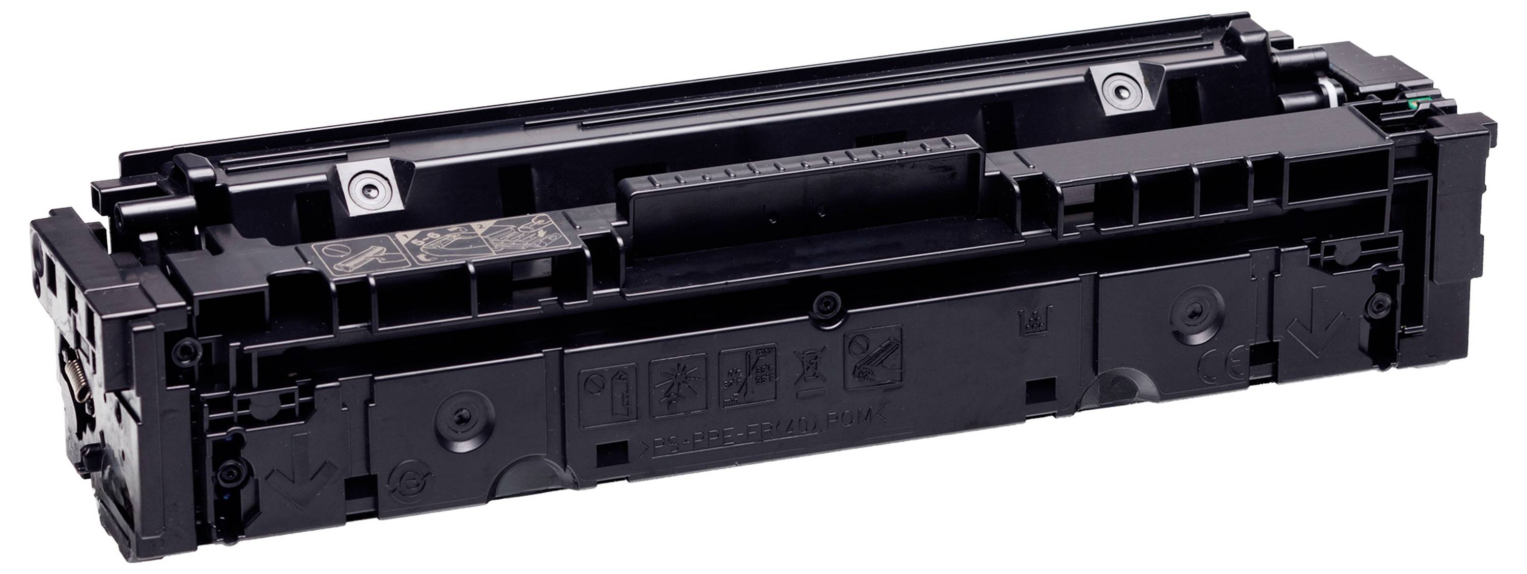 Black printer toner cartridge shown isolated on a white background, viewed at a slight angle.