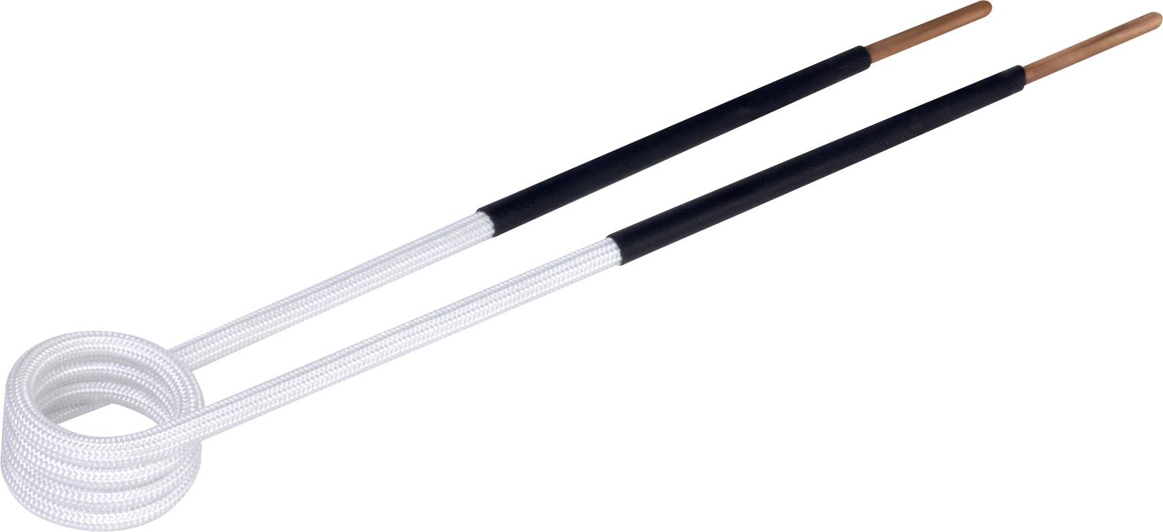 Two insulated black electrical wires with exposed copper ends, one coiled into a loop, shown on a white background.