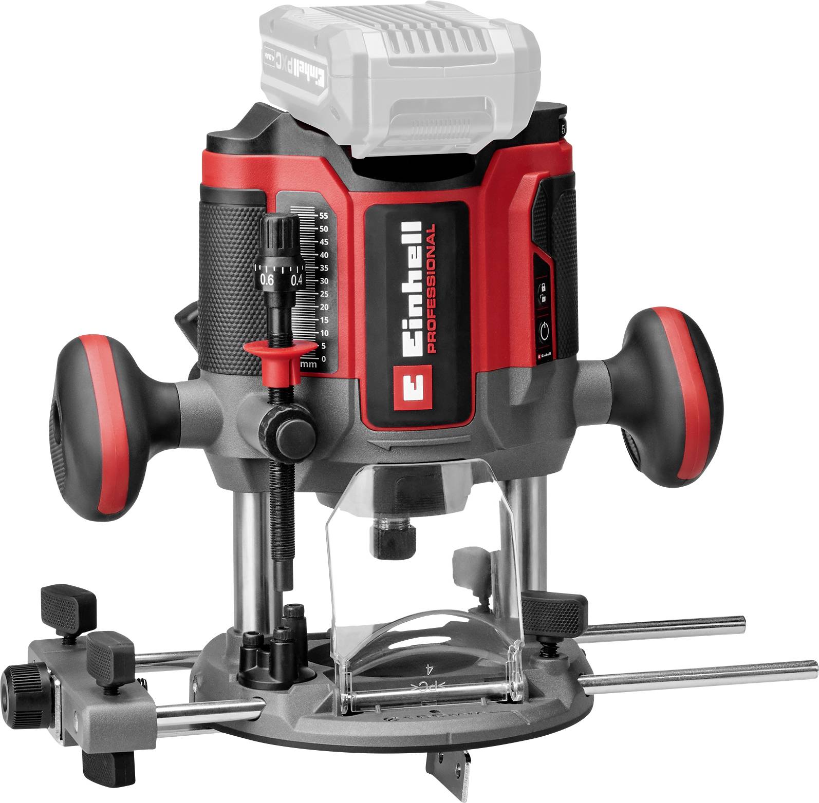 Red-and-black handheld router with dual side handles, depth adjustment scale, clear base guard, and clamping guide rods for woodworking.