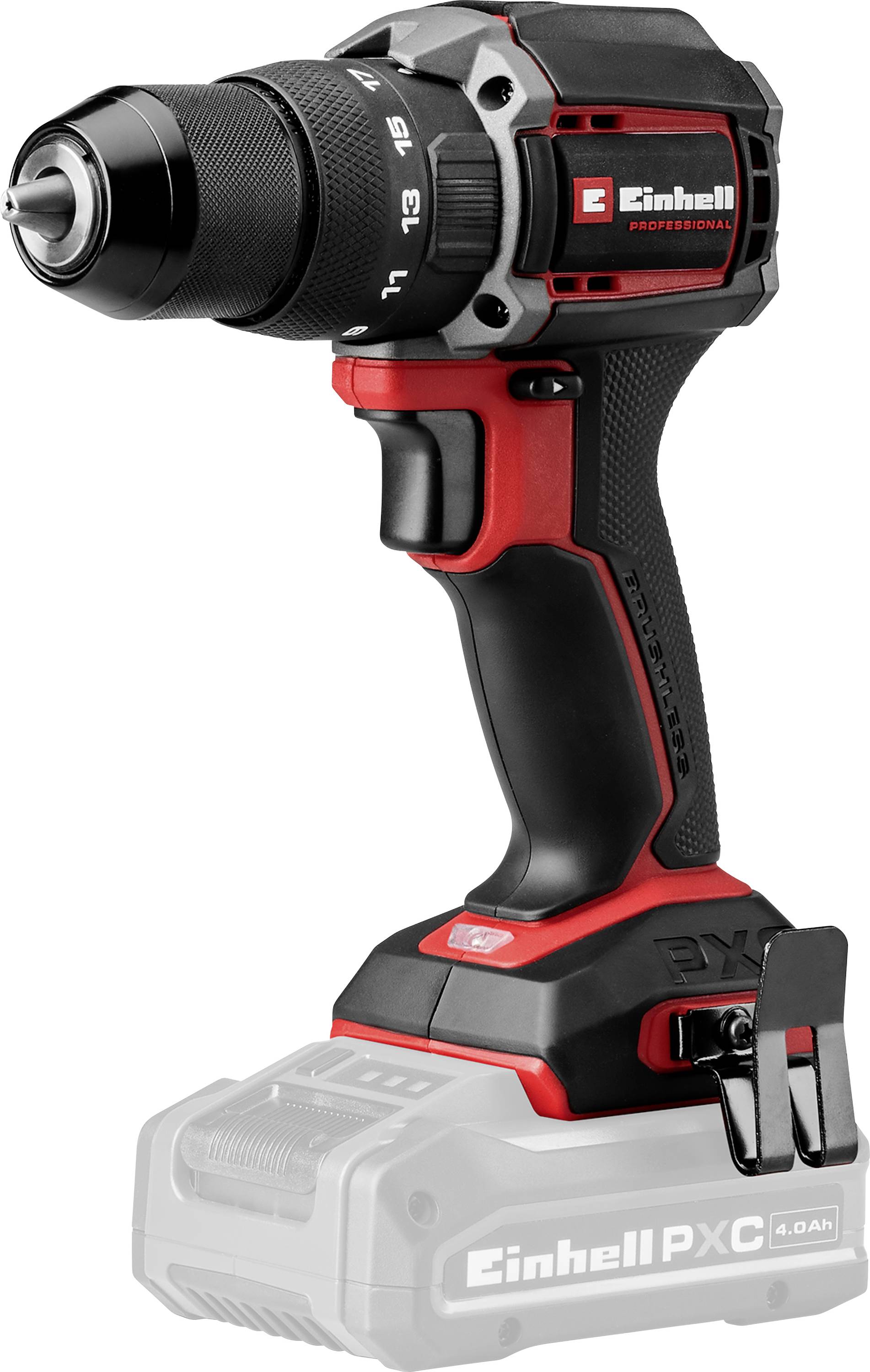 Cordless Einhell Professional drill/driver shown in side view, black and red with a battery pack attached.