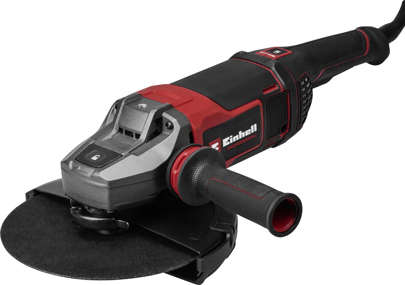 Black and red cordless angle grinder with side handle and cutting disc, shown on a white background.