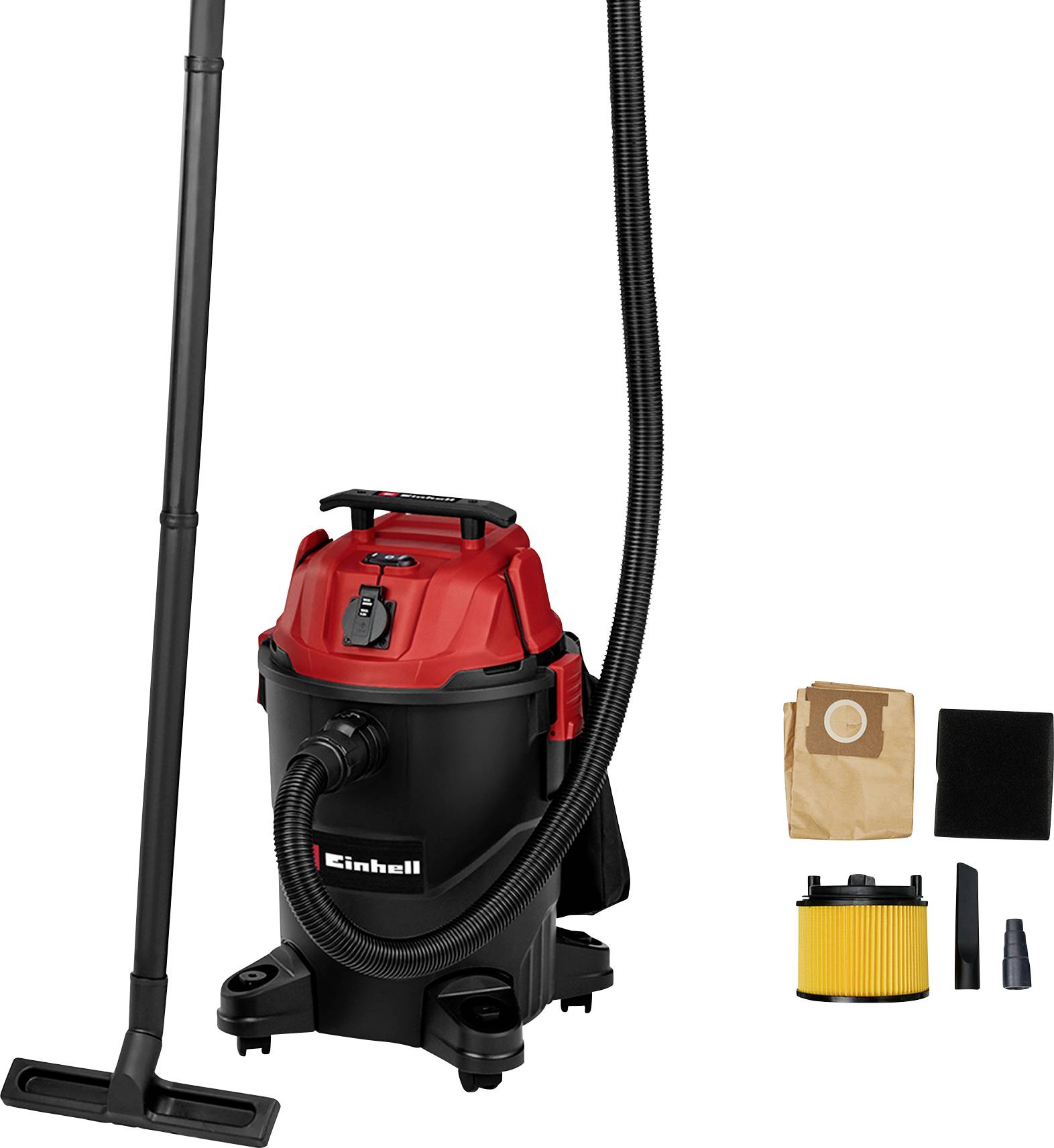 Red-and-black Einhell wet/dry vacuum with hose and floor nozzle, shown with dust bags, filter, and attachments on a white background.
