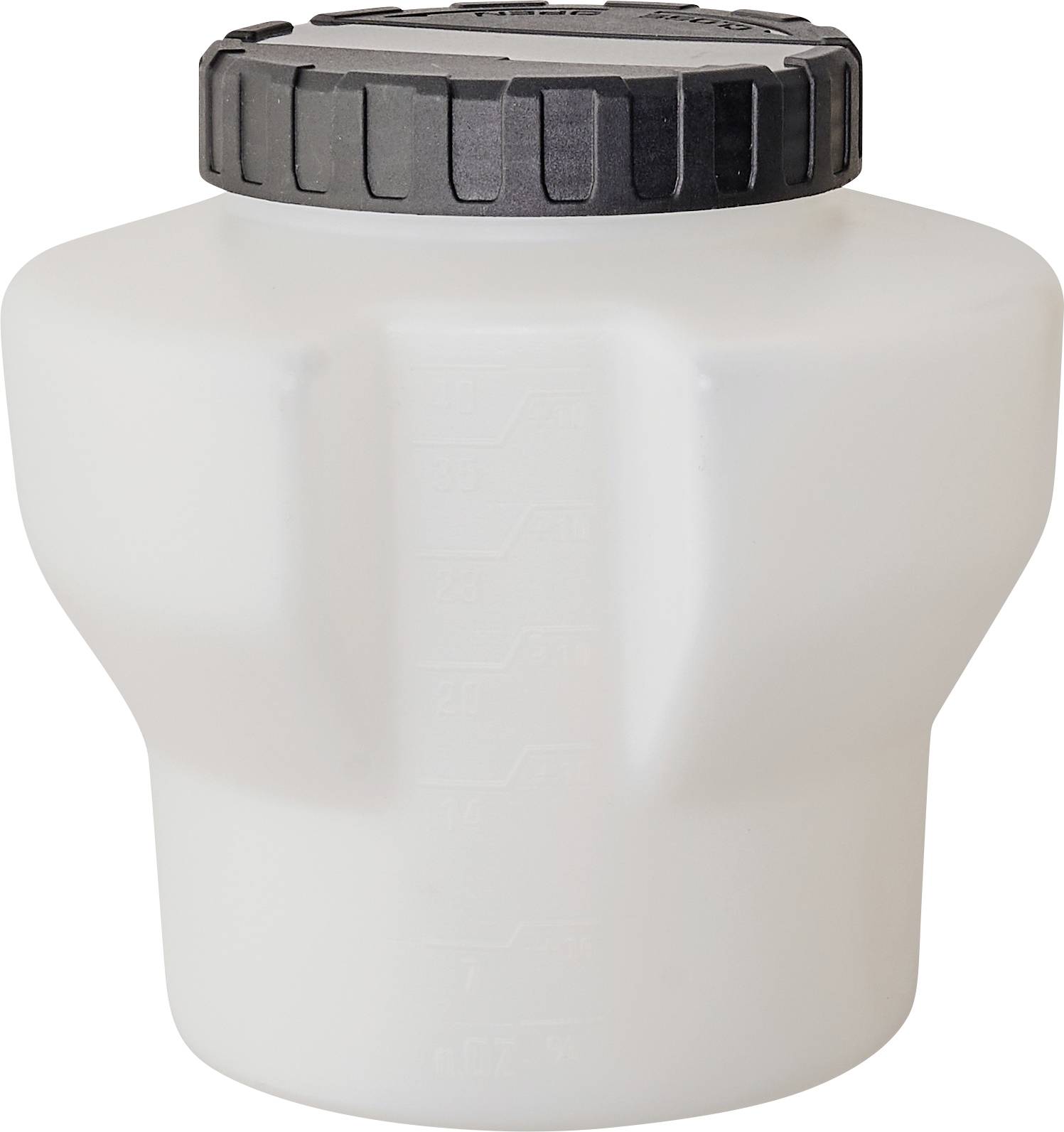 White plastic container with a black screw-on lid, shown isolated on a plain background.