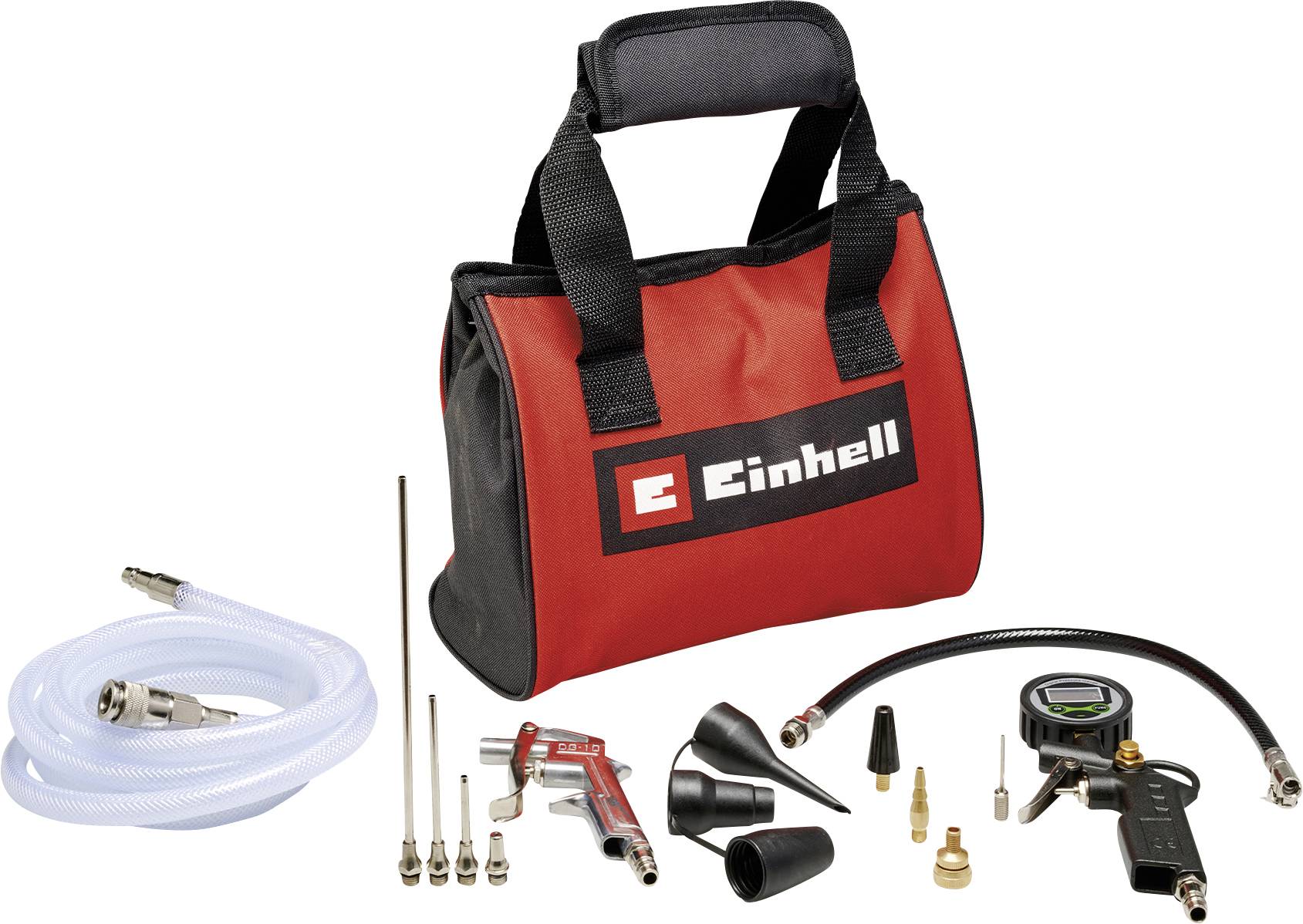 Air compressor accessory kit in a red Einhell carry bag, including hose, spray gun, air nozzles, adapters, and pressure gauge.