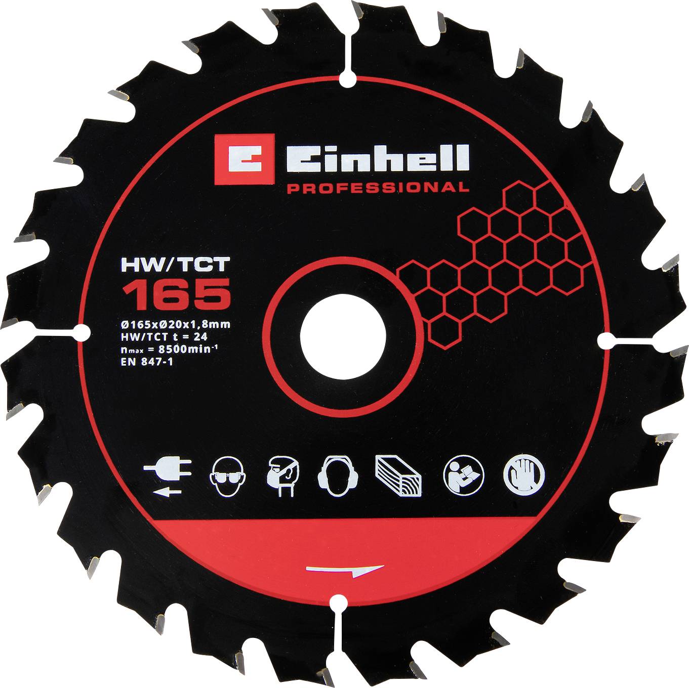 Circular Einhell Professional saw blade labeled 'HW/TCT 165' with red and black design, tooth icons, and product specs on the disc.