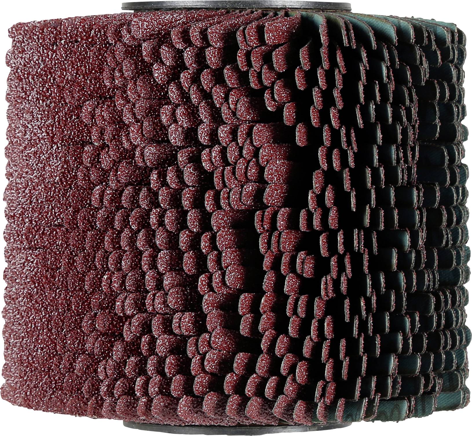 Close-up of a textured cylindrical abrasive sanding drum with red and dark teal grit-coated bristles.
