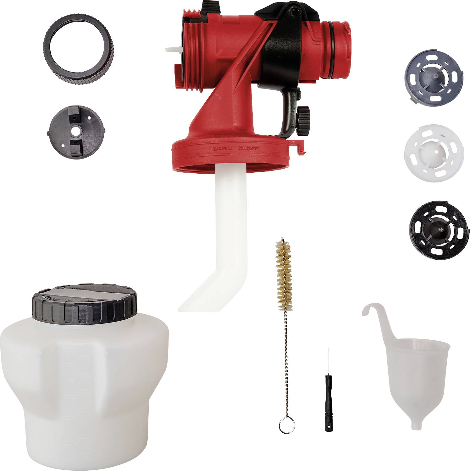 A red handheld fuel transfer siphon pump kit with hose, bottles, caps, brush, screwdriver, and funnel arranged on a white background.