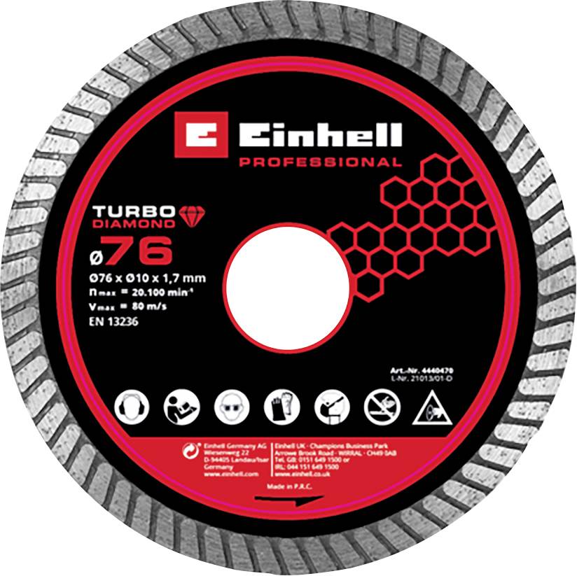 Circular Einhell Professional turbo diamond cutting disc, size 76 mm, with black and red label and silver segmented edge.