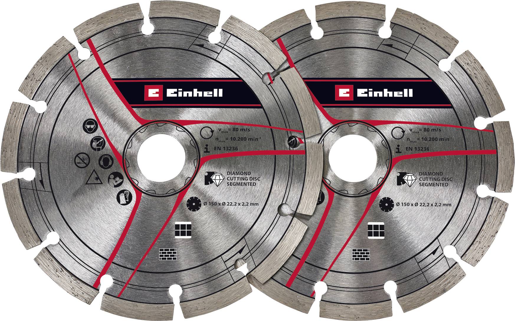 Two Einhell diamond cutting blades with segmented edges and red guide lines, shown side by side on a white background.