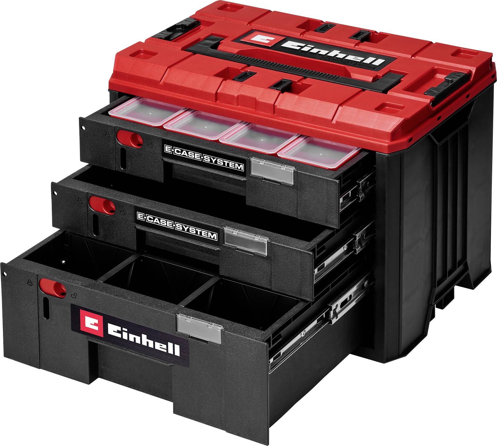Open black and red Einhell E-CASE SYSTEM toolbox with three stacked drawers, one drawer pulled open showing compartment storage.