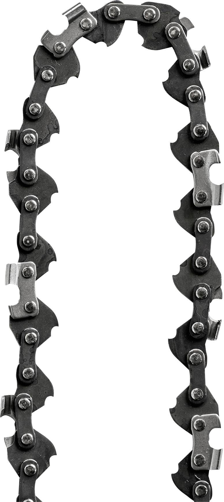 A looped metal chainsaw chain with cutting teeth and links, shown isolated on a white background.