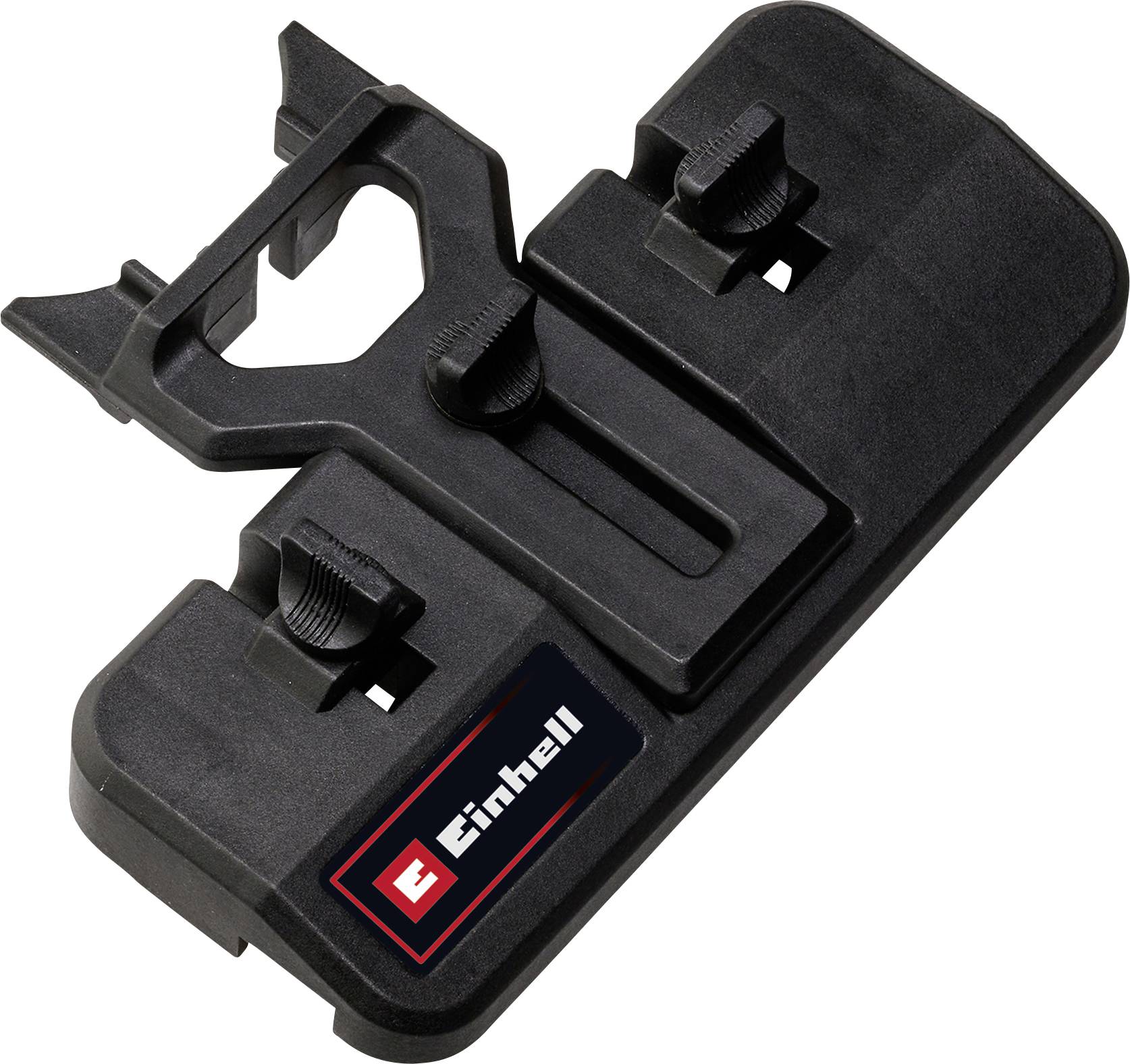 Black Einhell plastic mounting bracket with adjustable clamps and logo, shown isolated on a white background.