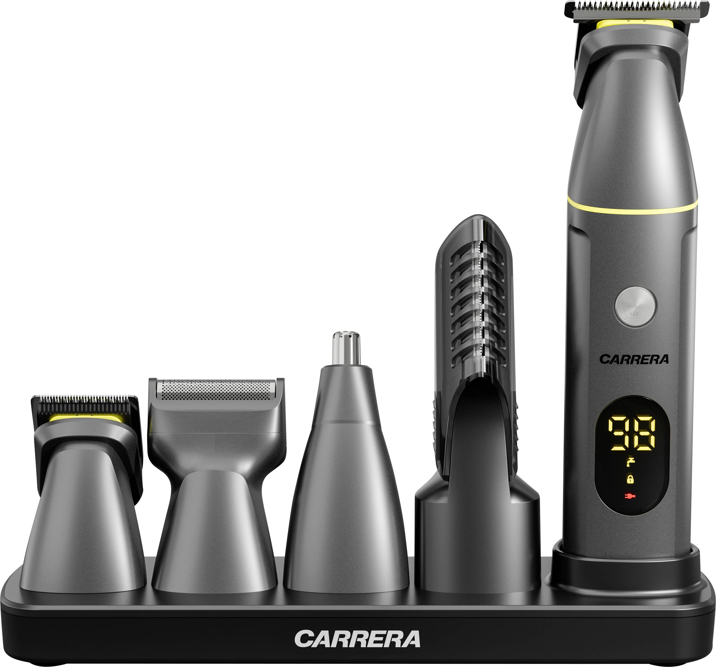 Black CARRERA grooming kit on a charging stand with five attachments, including a digital trimmer showing 99% battery.
