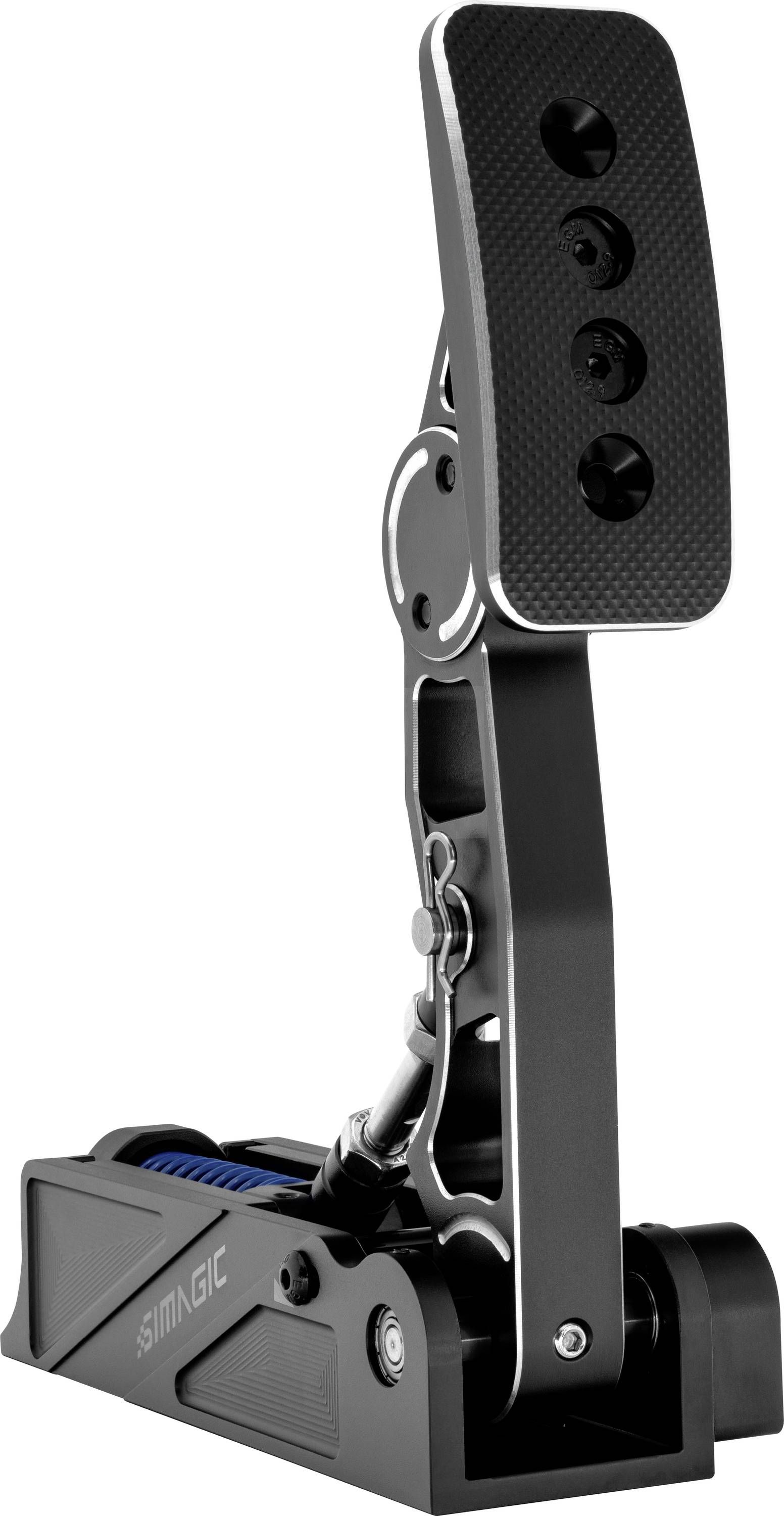 Black and silver adjustable mechanical foot pedal with a textured footpad and visible spring mechanism on a white background.