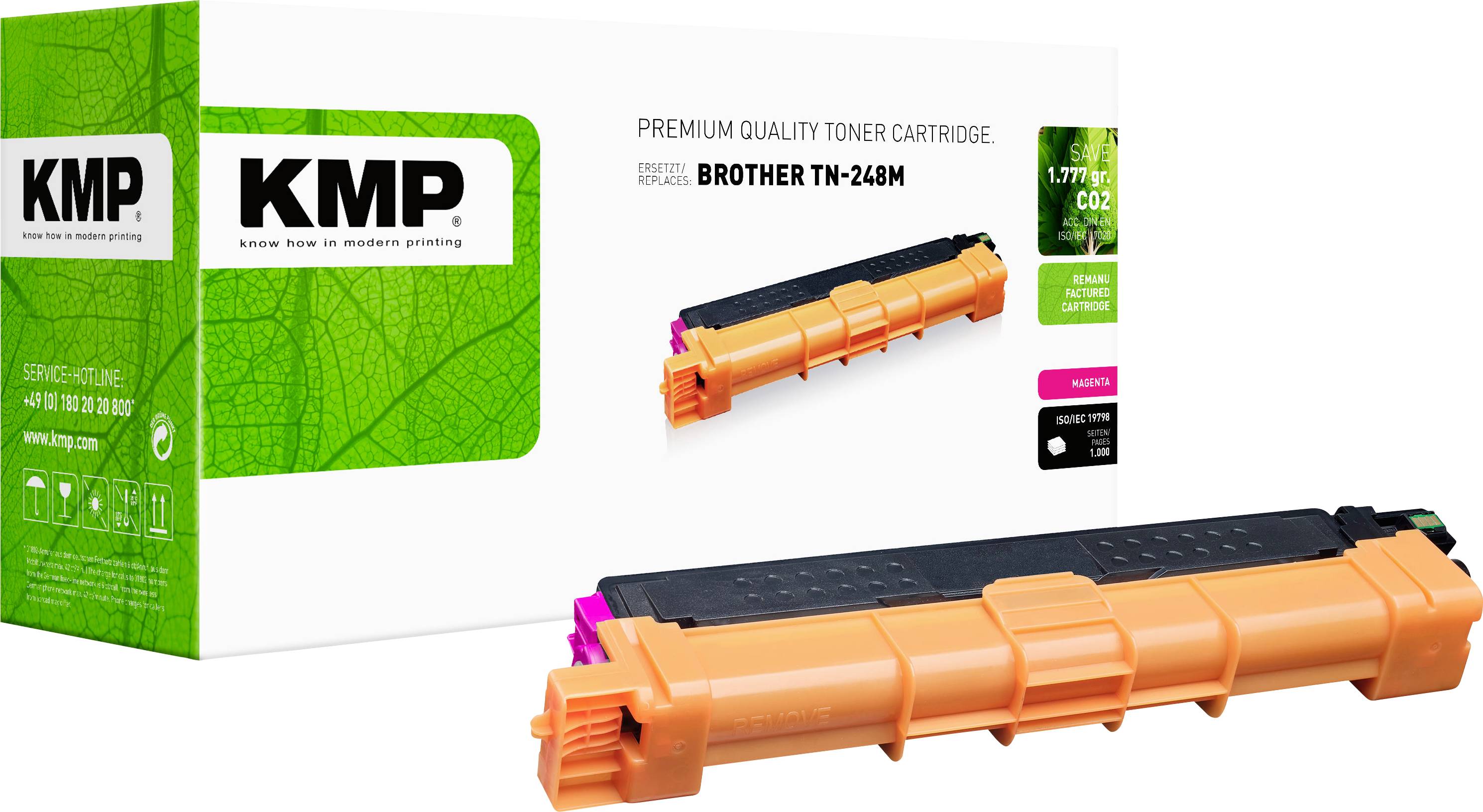 KMP premium quality toner cartridge for Brother TN-248M, shown in orange with packaging and a larger product view on a white background.
