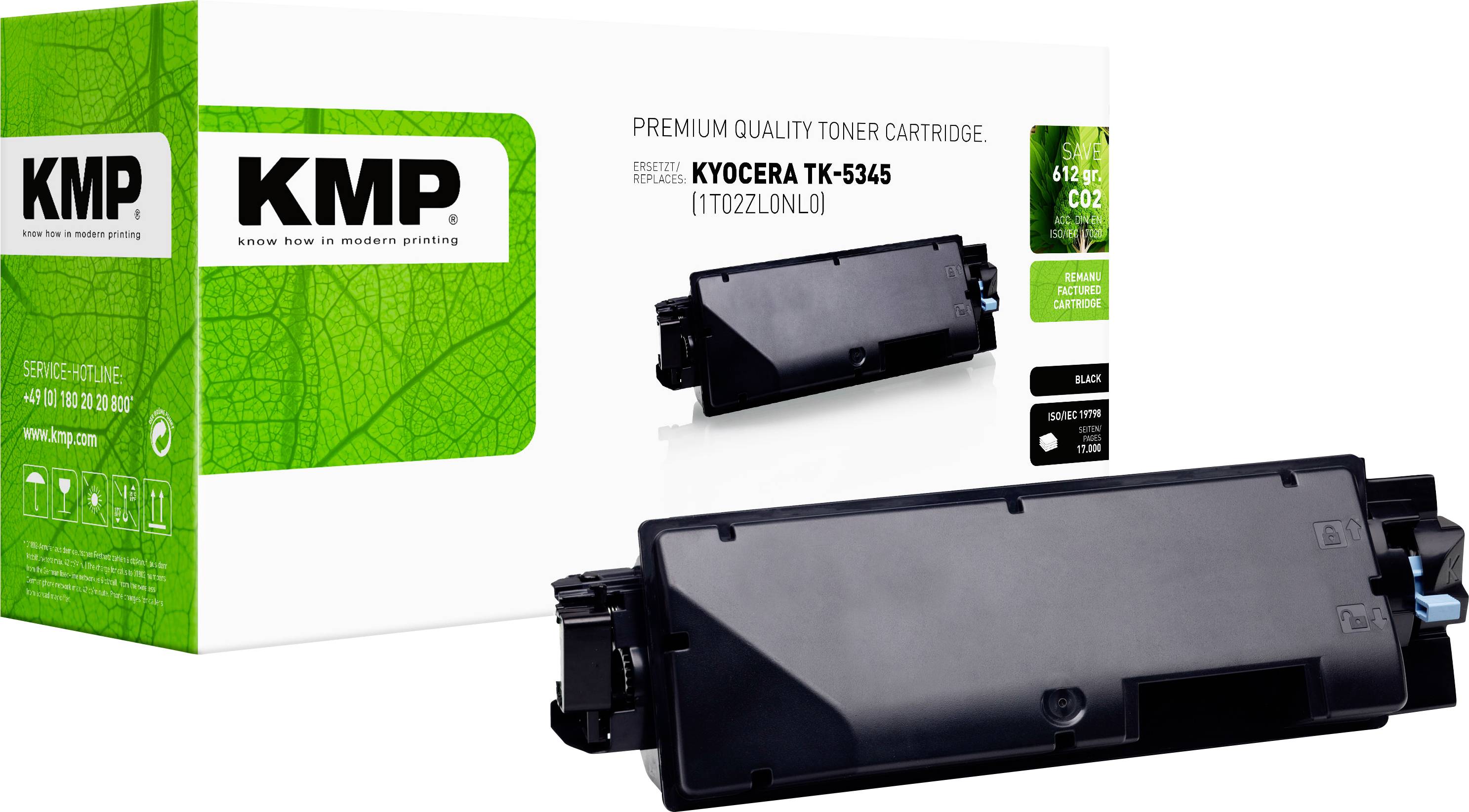 KMP premium quality toner cartridge for Kyocera TK-5345, shown with packaging and a black printer cartridge on a white background.