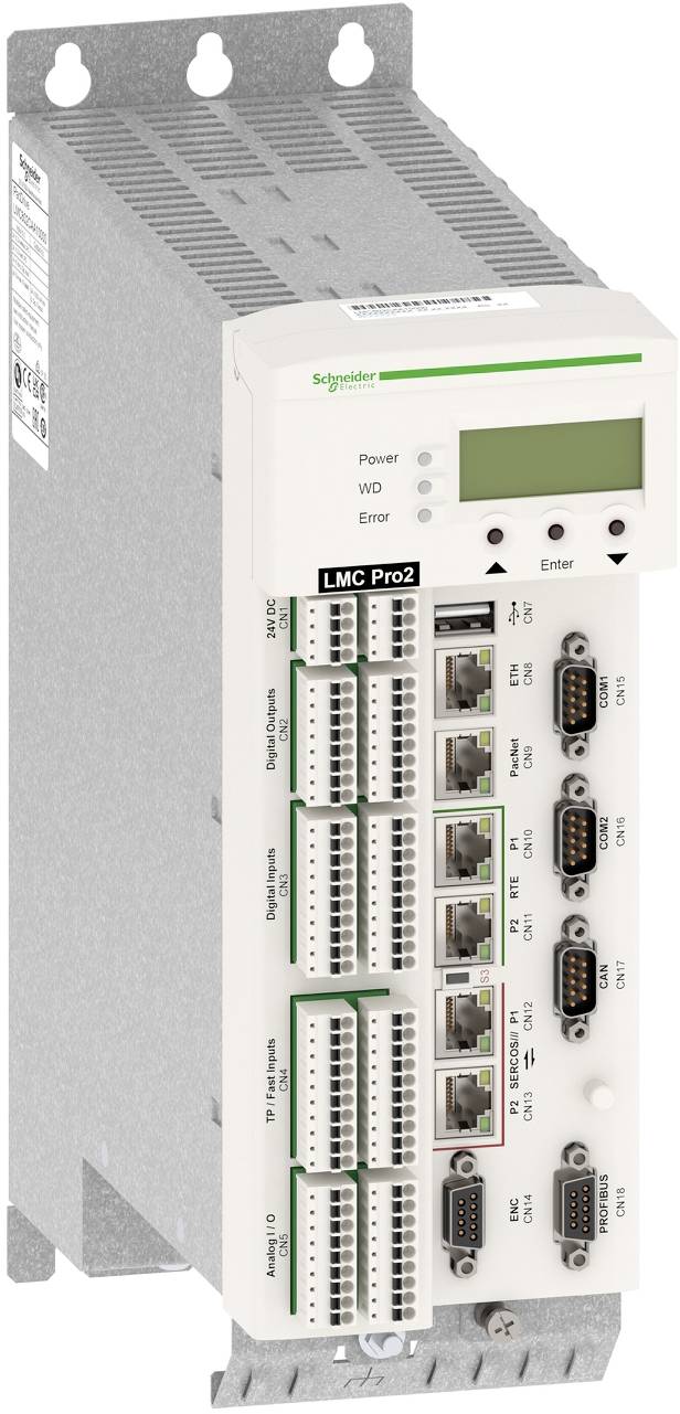 Schneider Electric LMC Pro2 industrial controller module with multiple connectors, status LEDs, and Ethernet and serial ports.