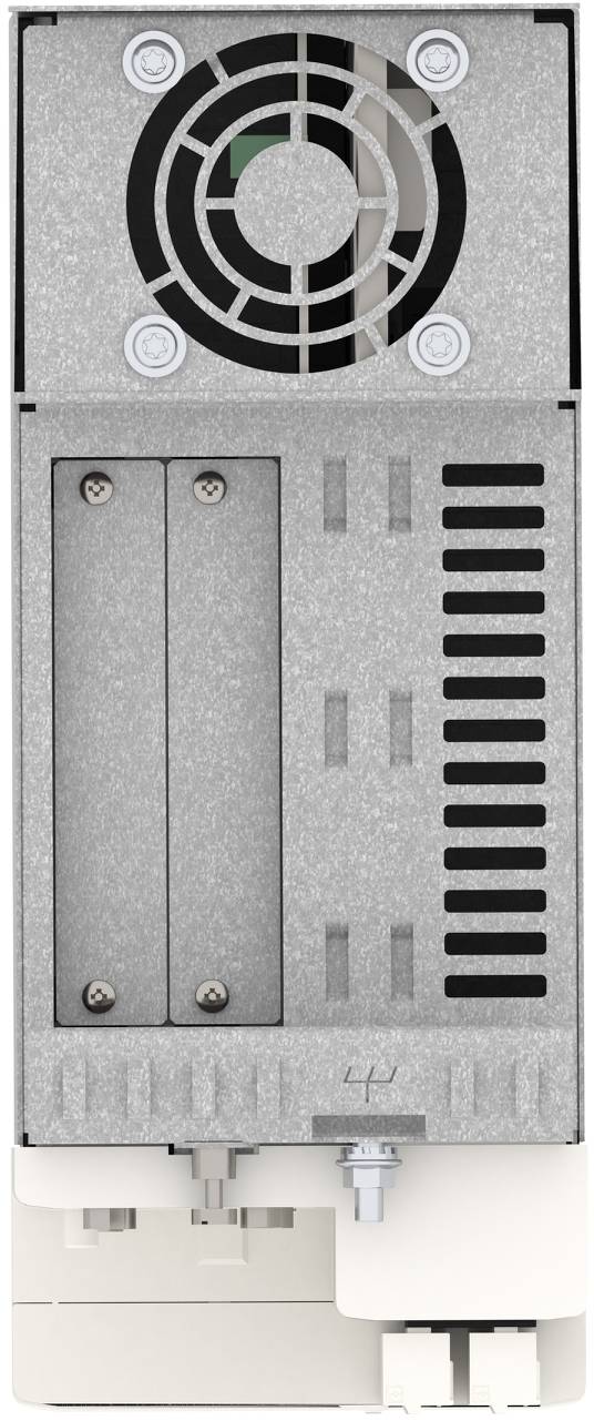 Close-up of a metallic machine control panel with a circular fan vent, access doors, and side ventilation slots.