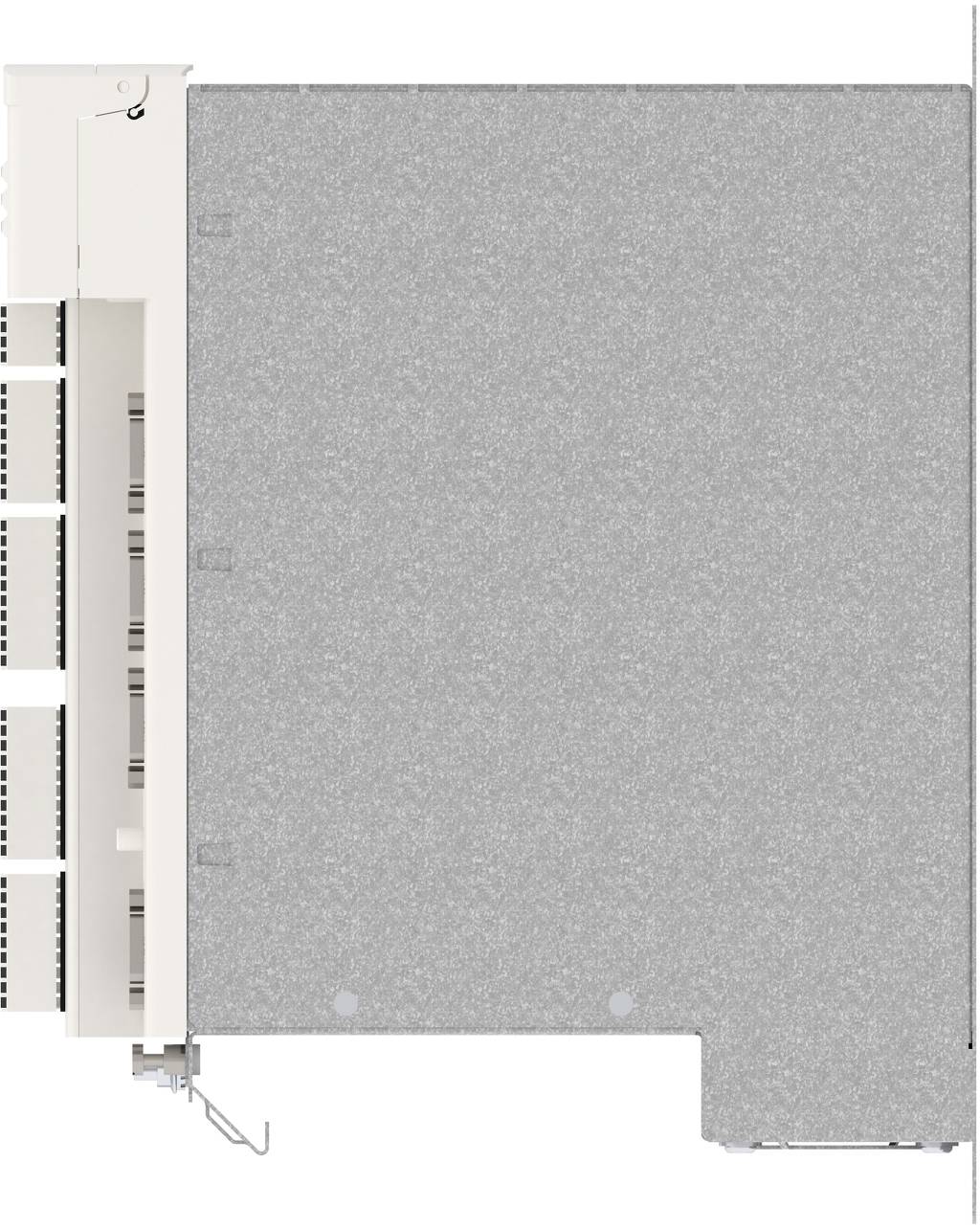 Side view of a gray metal appliance cabinet with a white vented panel and mounting bracket on the left.