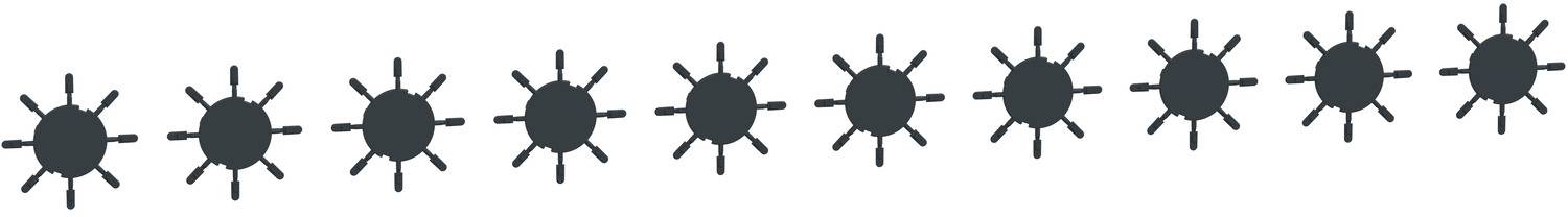 A row of ten black sun-like icons with rays on a white background, suggesting repeated weather or rating symbols.
