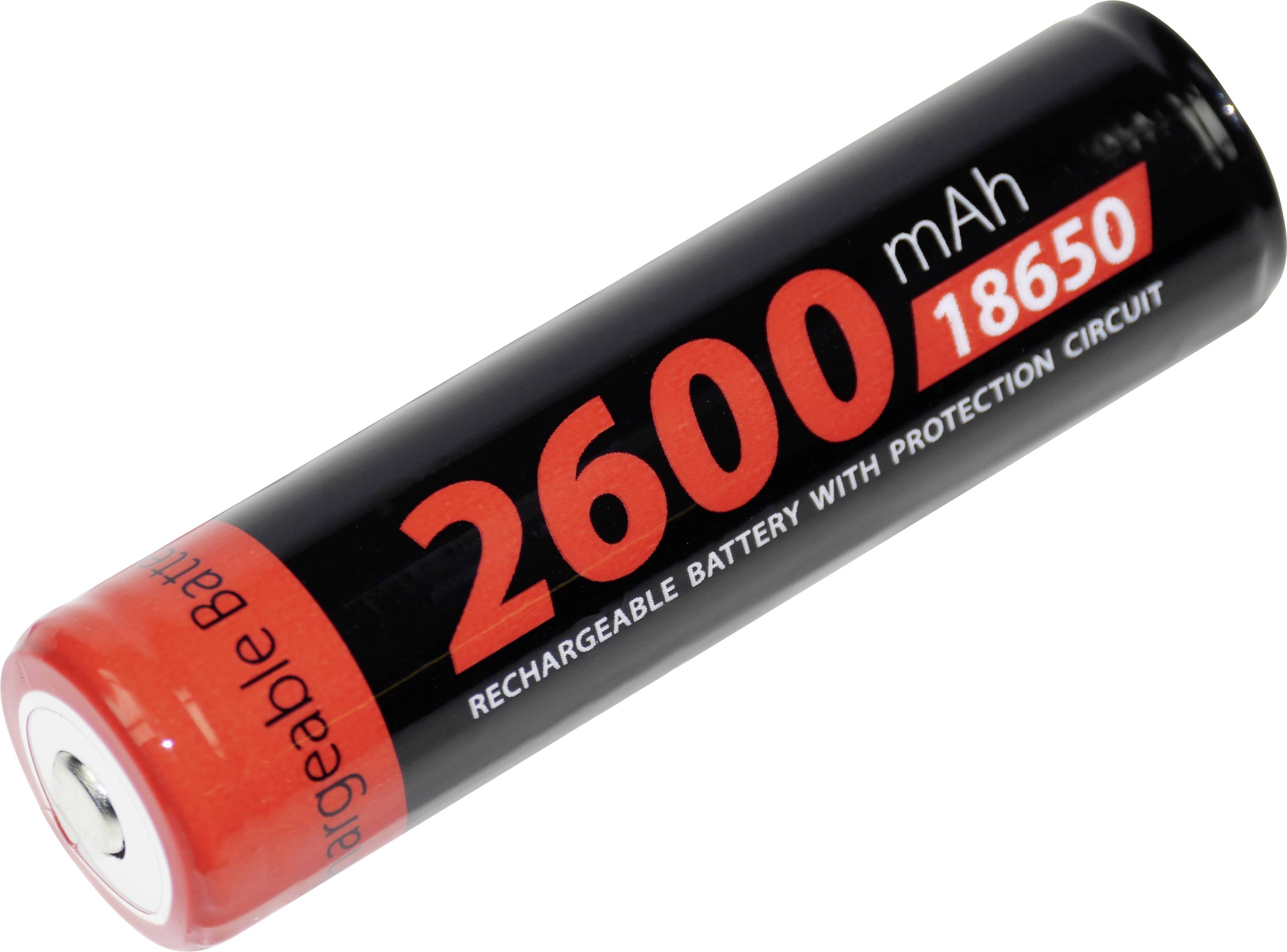 Black and red rechargeable 18650 battery labeled '2600 mAh' on a white background.