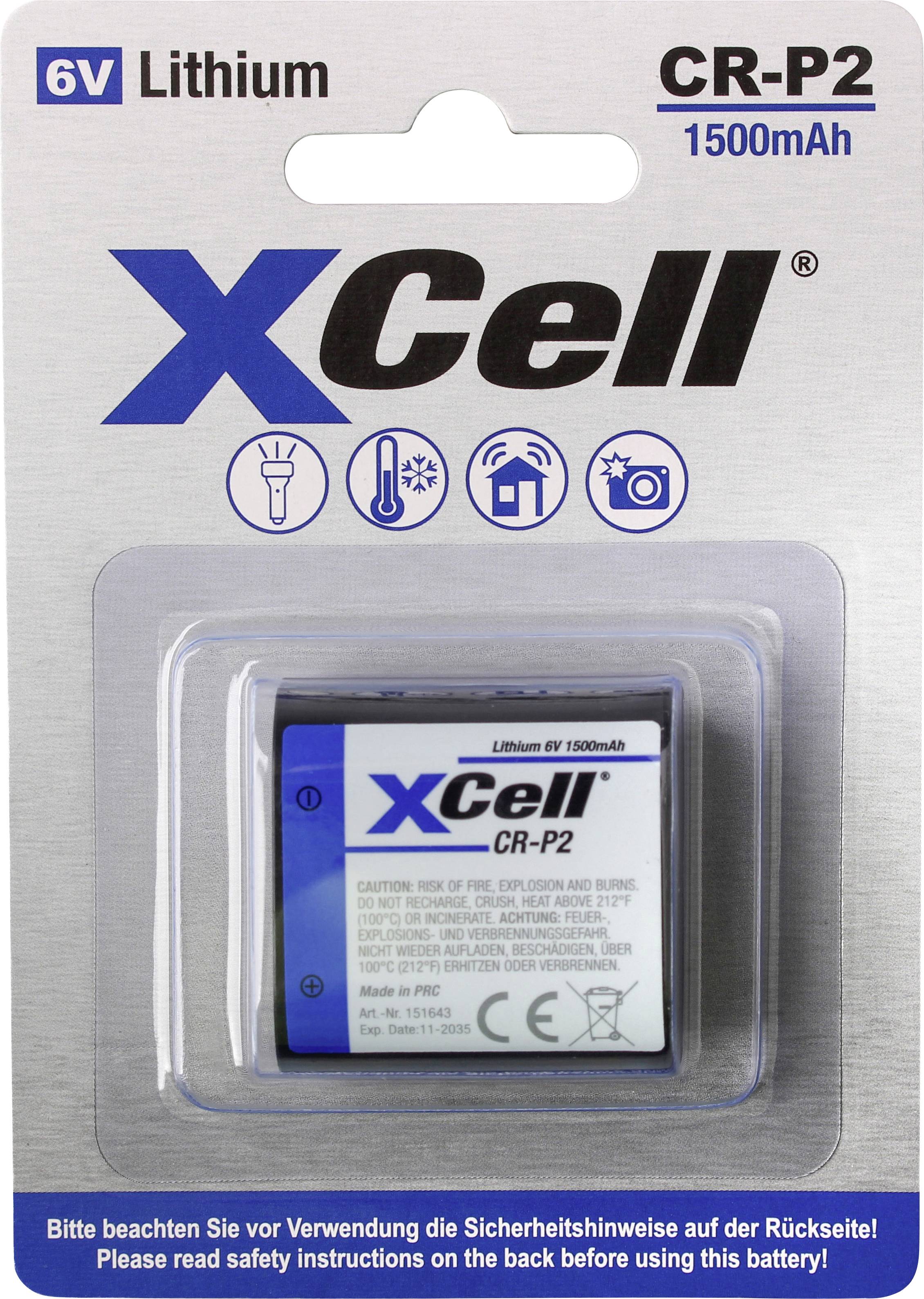 XCell CR-P2 6V lithium battery package, labeled 1500mAh, with product photo and safety warning text.