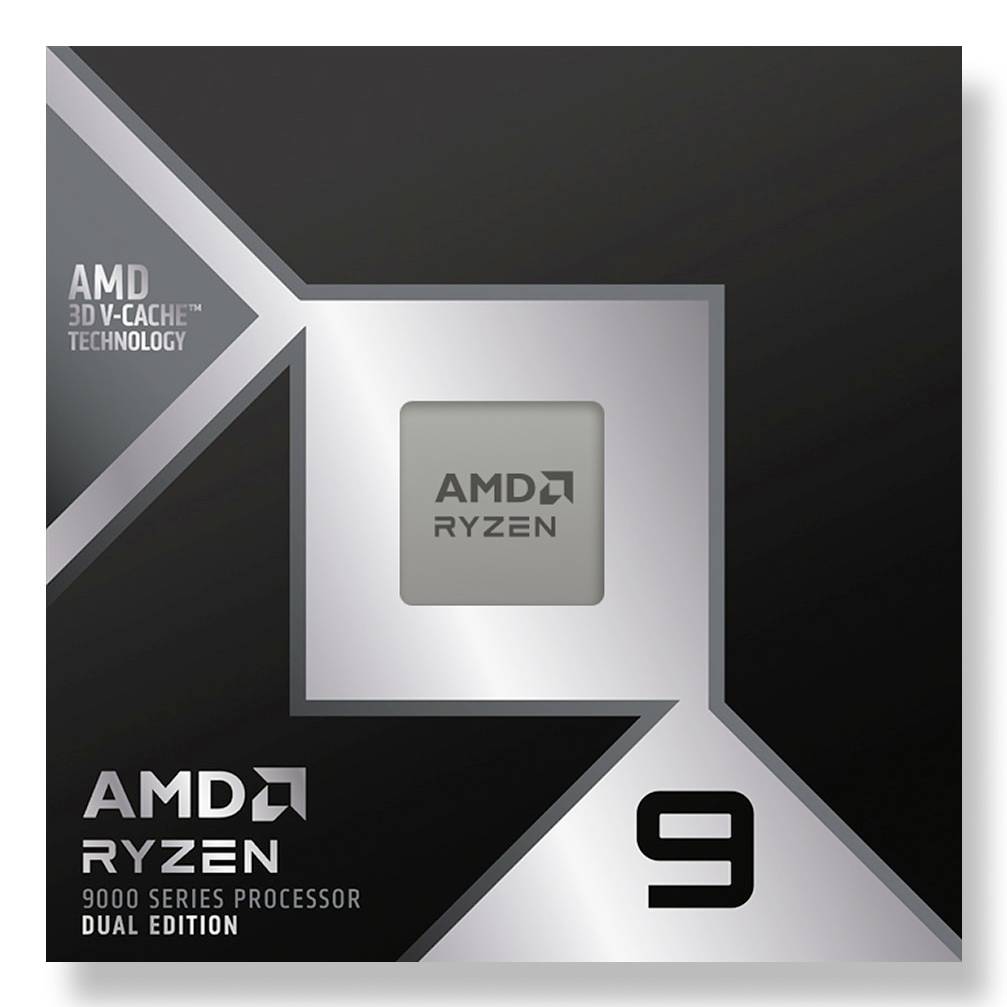 AMD Ryzen 9 9000 Series Processor Dual Edition box art, showing 'AMD 3D V-Cache Technology' branding and a large 9.