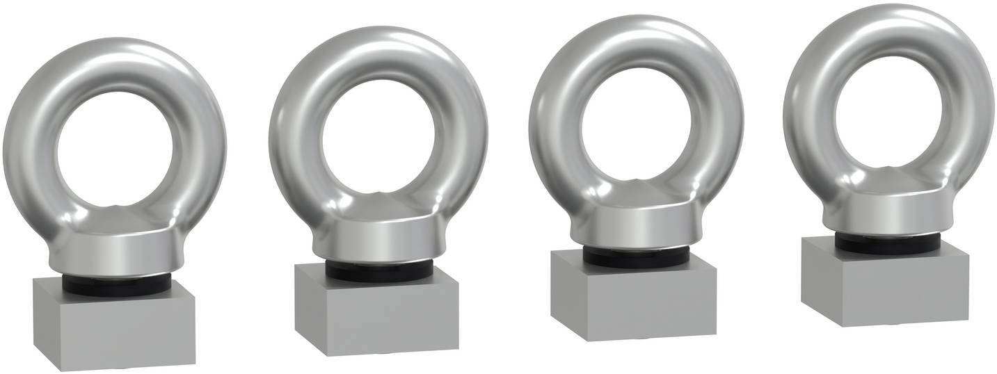 Four silver metal ring-shaped parts, each mounted on a gray rectangular block, shown side by side on a white background.