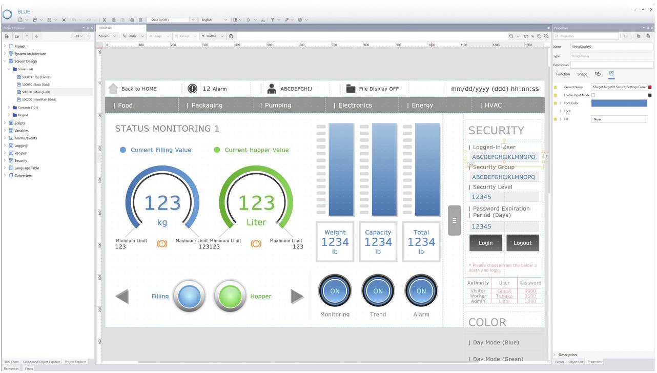 Dashboard UI mockup for 'STATUS MONITORING 1' showing current filling value and current hopper value at 123 kg and 123 Liter, with security and control panels.