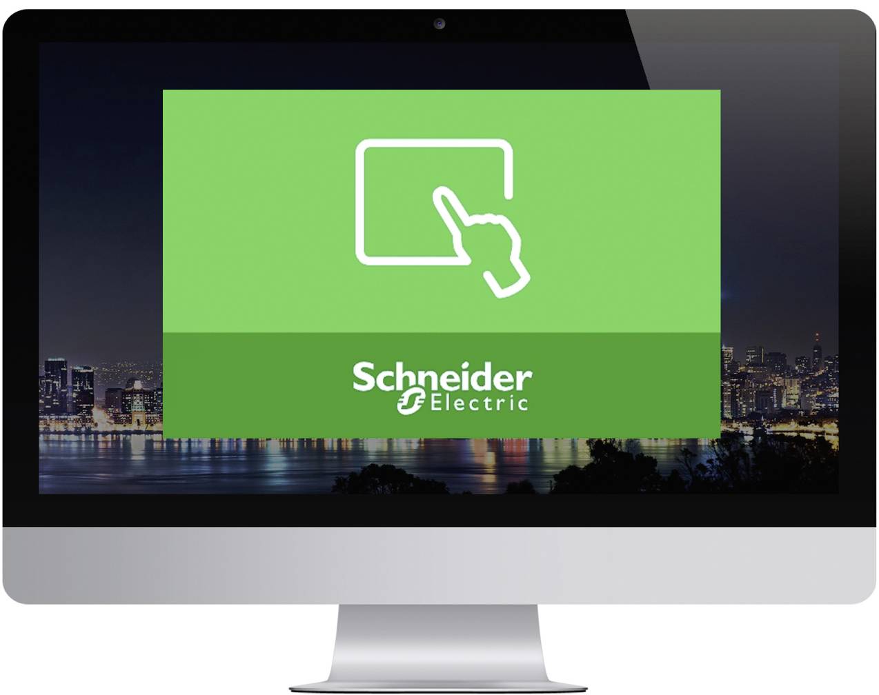 A computer monitor displays a green Schneider Electric splash screen with a touch icon over a dark cityscape background.