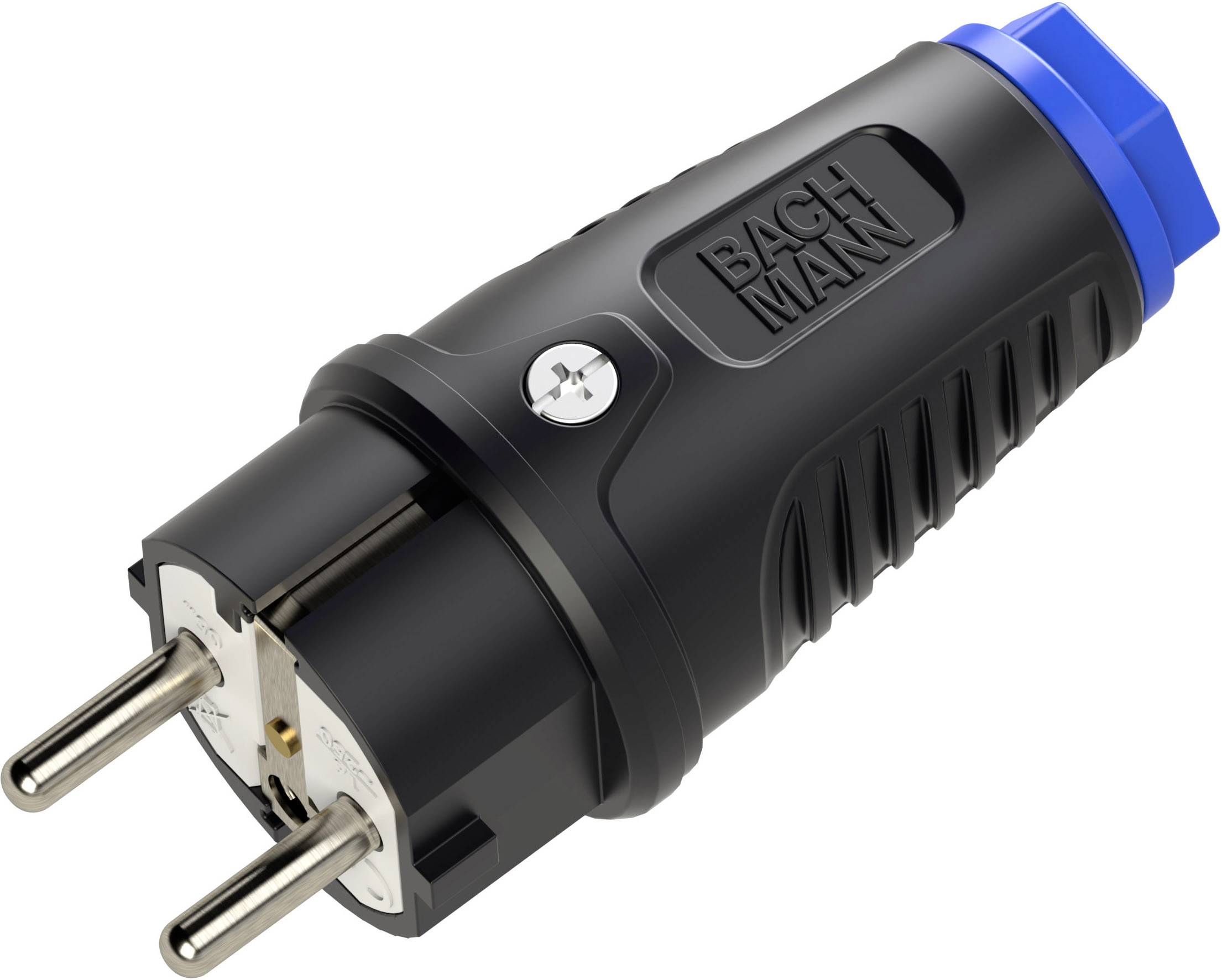 Black two-pin electrical plug adapter with blue end cap, labeled 'BACHMANN', shown on a white background.