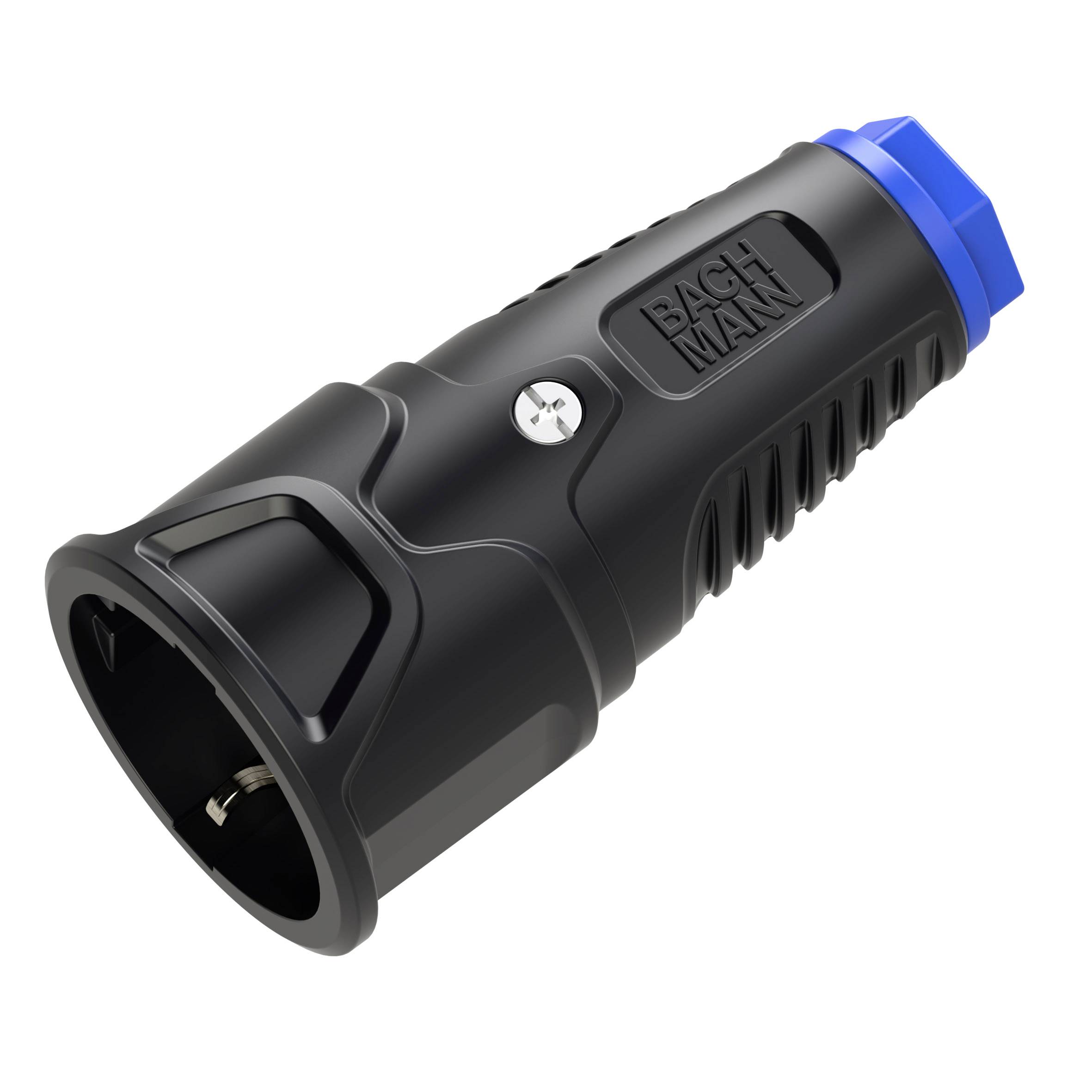 Black electrical plug connector with blue end cap, shown on a white background.