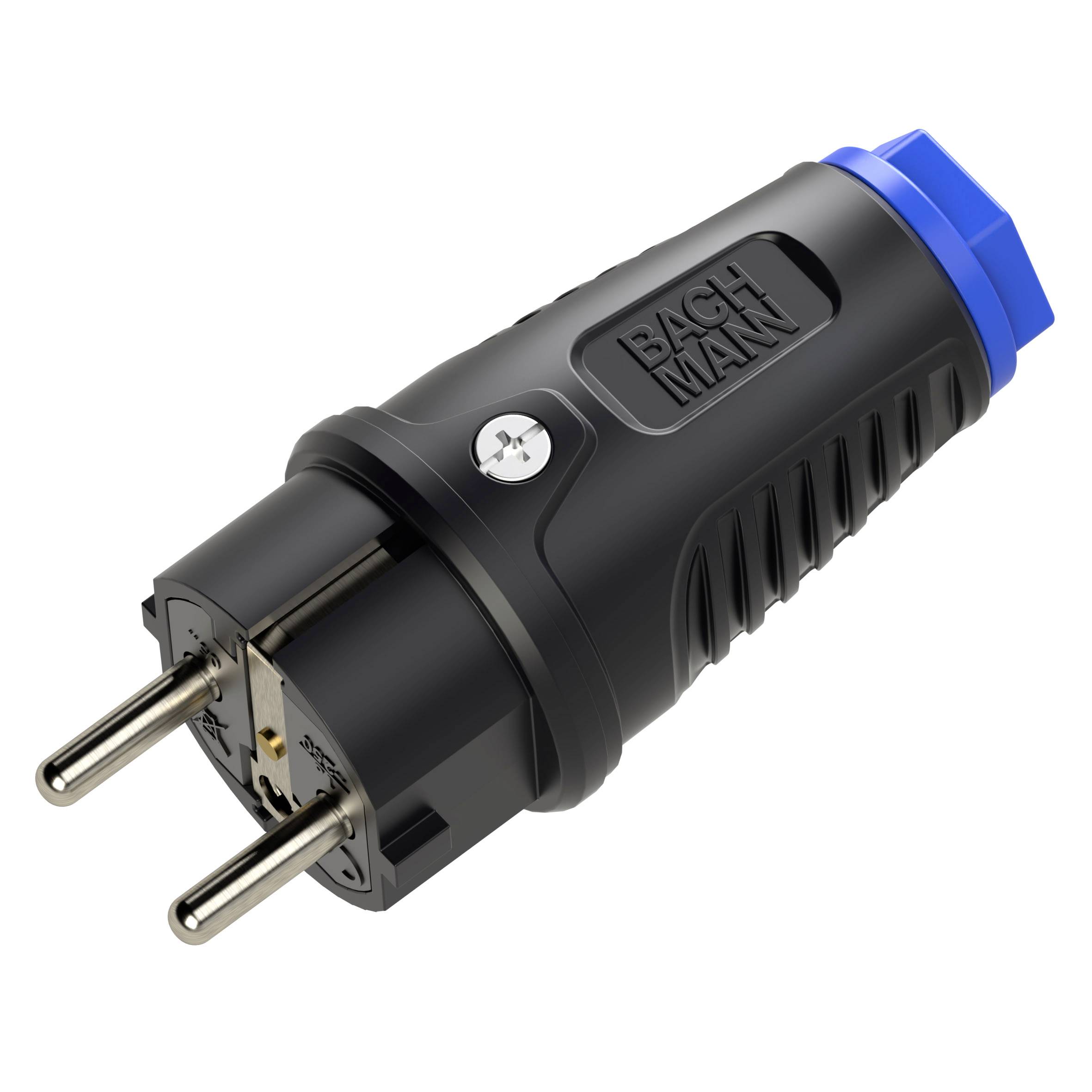Black Bachmann electrical plug with two round metal prongs and a blue cap, shown on a white background.