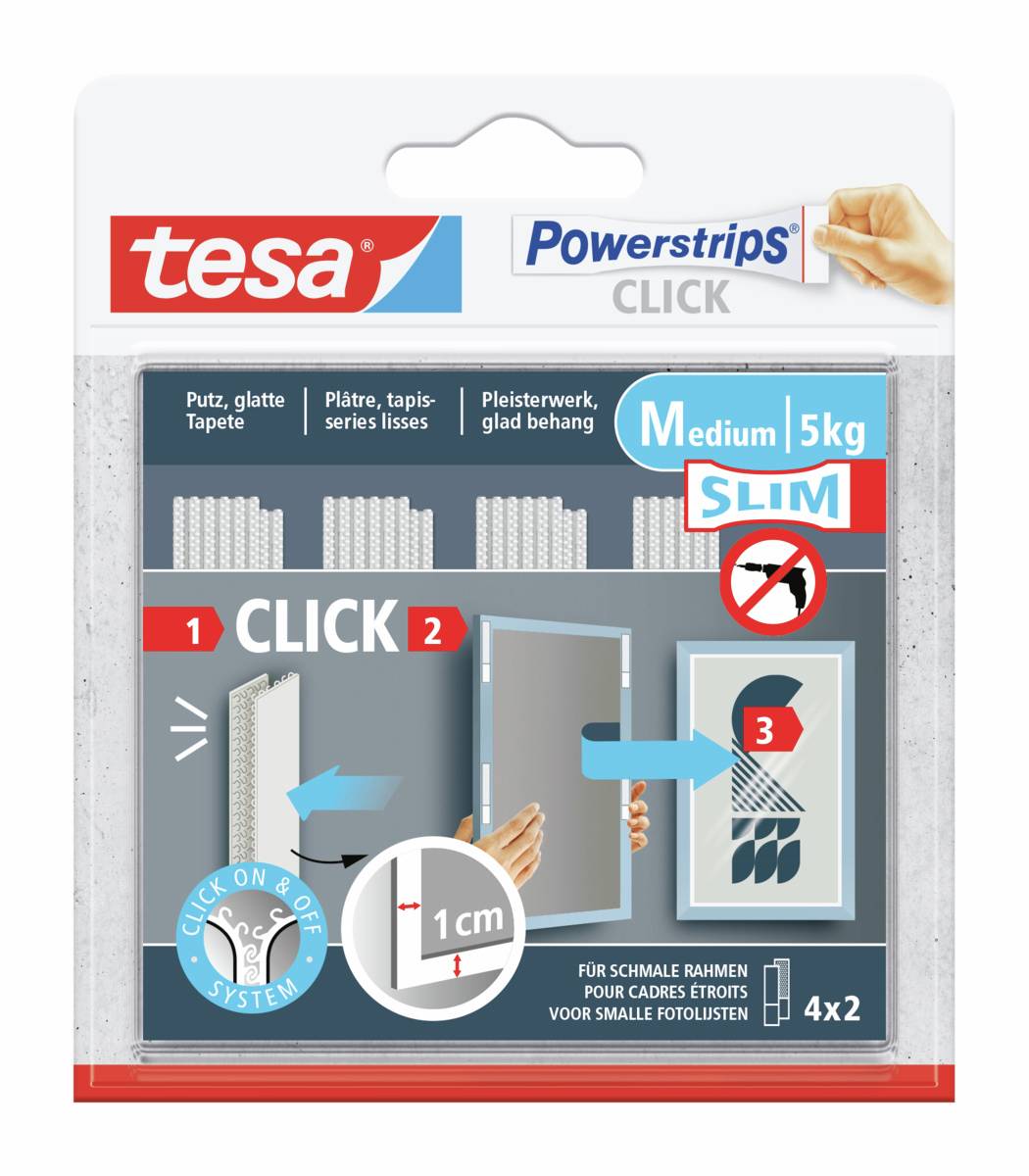Tesa Powerstrips Click Slim Medium 5 kg adhesive picture hanging system, with 4x2 strips shown for smooth walls and small photo frames.